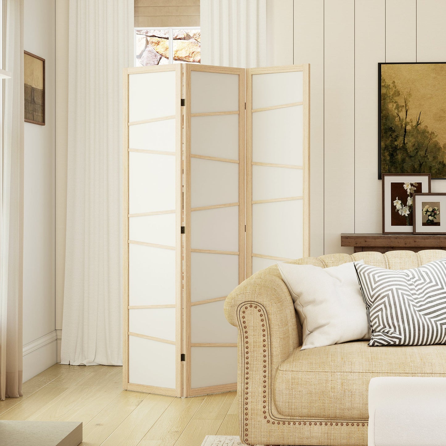 3 Panel Room Divider, Wooden Folding Privacy Screen, Freestanding Wall Partition Separator for Bedroom, Natural Wood Finish
