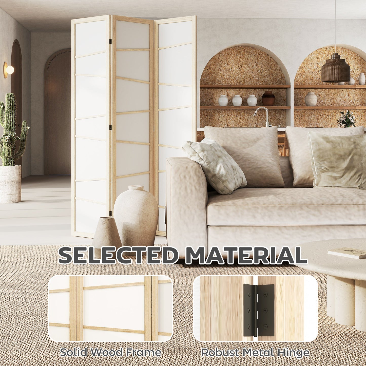 3 Panel Room Divider, Wooden Folding Privacy Screen, Freestanding Wall Partition Separator for Bedroom, Natural Wood Finish