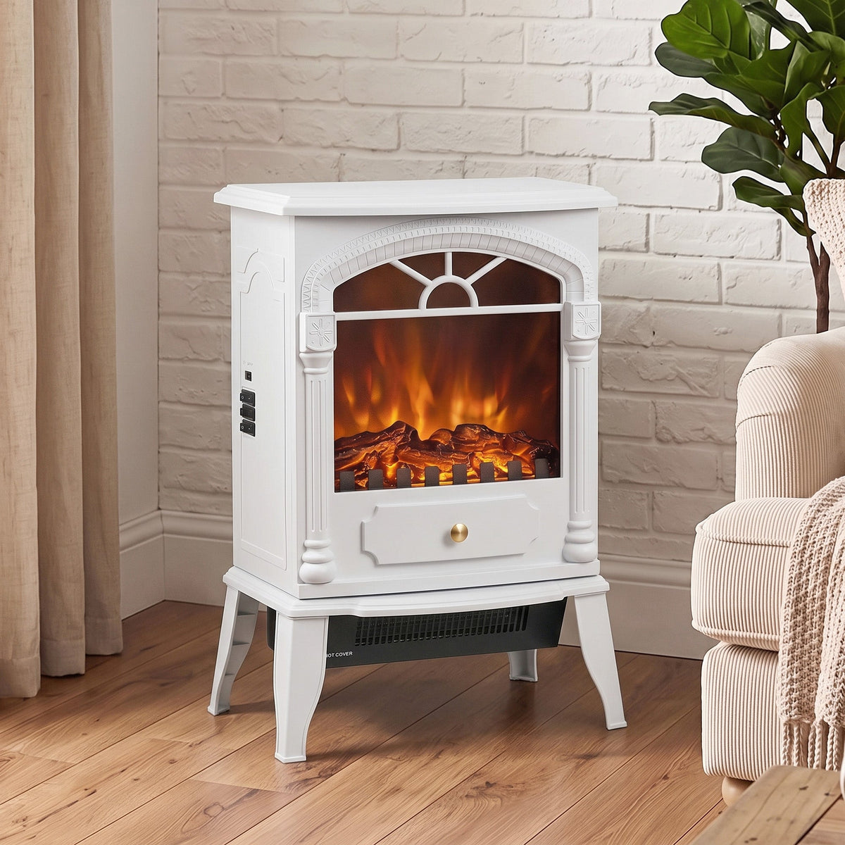 Electric Fireplace Stove Heater with 3D Flame Effect, 2000W/1000W, Freestanding Portable Fireplace with Adjustable Thermostat, 2 Heat Settings for Living Room, White