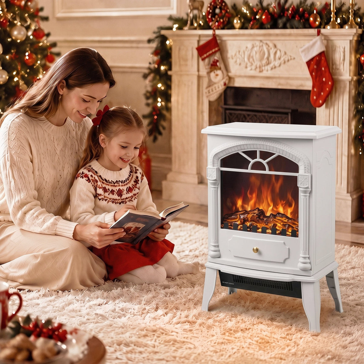 Electric Fireplace Stove Heater with 3D Flame Effect, 2000W/1000W, Freestanding Portable Fireplace with Adjustable Thermostat, 2 Heat Settings for Living Room, White