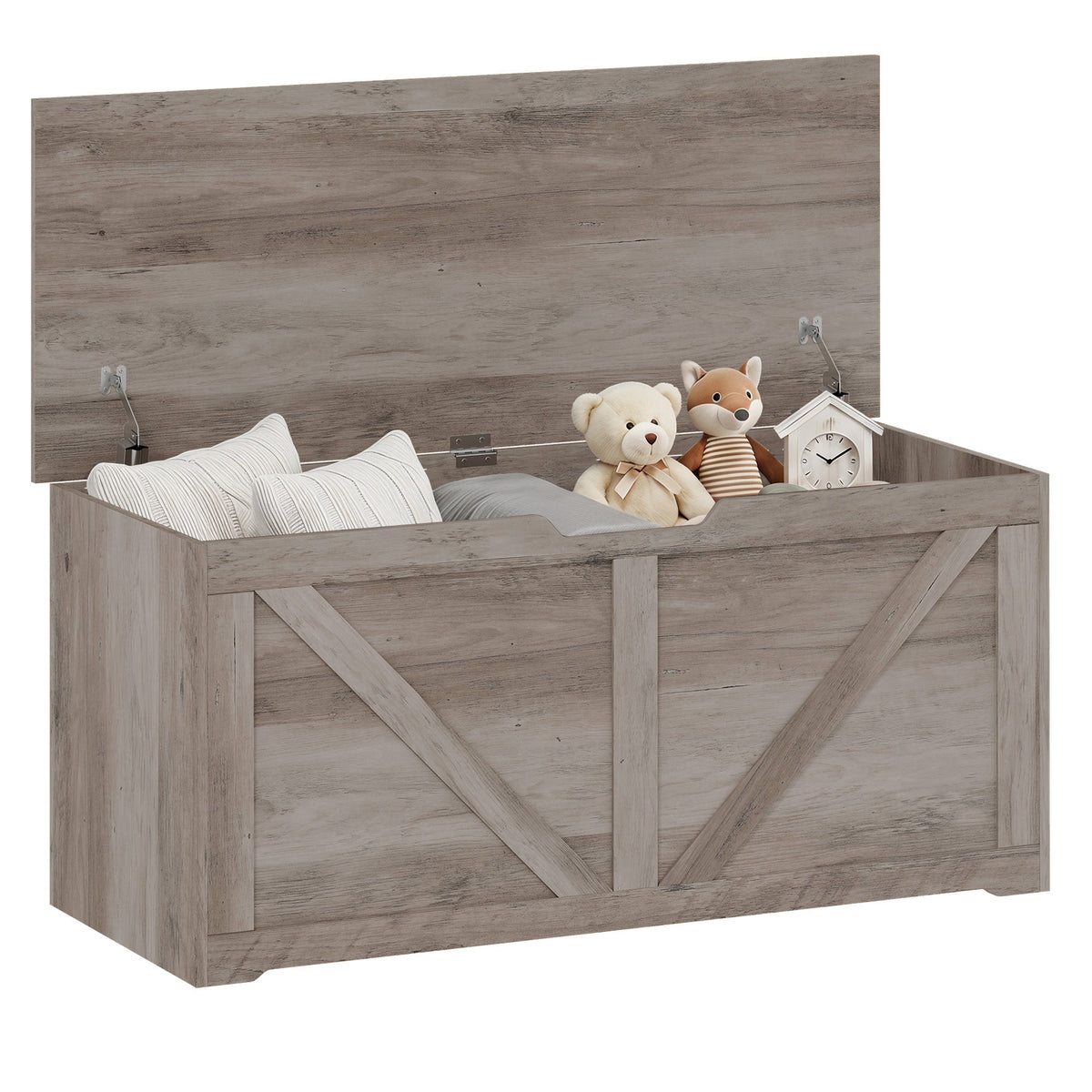 127L Storage Chest, Shoe Storage Trunk Bench Box with 2 Safety Hinges and U-shaped Cut-out Pull, Blanket Box Ottoman for Bedroom, Living Room, Entryway, 100 x 40 x 45 cm, Grey Wood-Effect