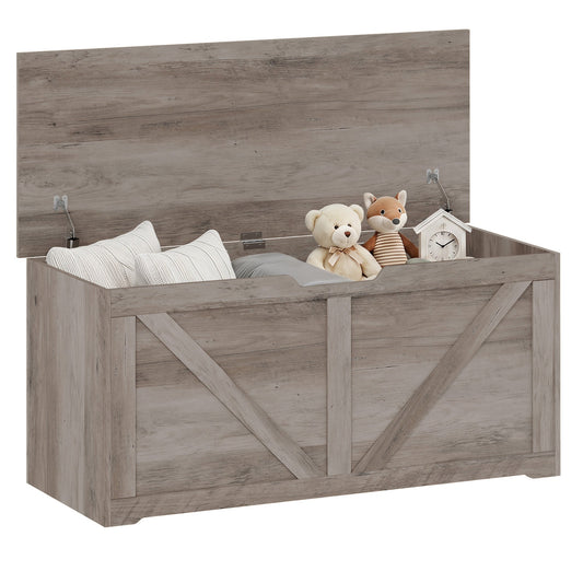 127L Storage Chest, Shoe Storage Trunk Bench Box with 2 Safety Hinges and U-shaped Cut-out Pull, Blanket Box Ottoman for Bedroom, Living Room, Entryway, 100 x 40 x 45 cm, Grey Wood-Effect
