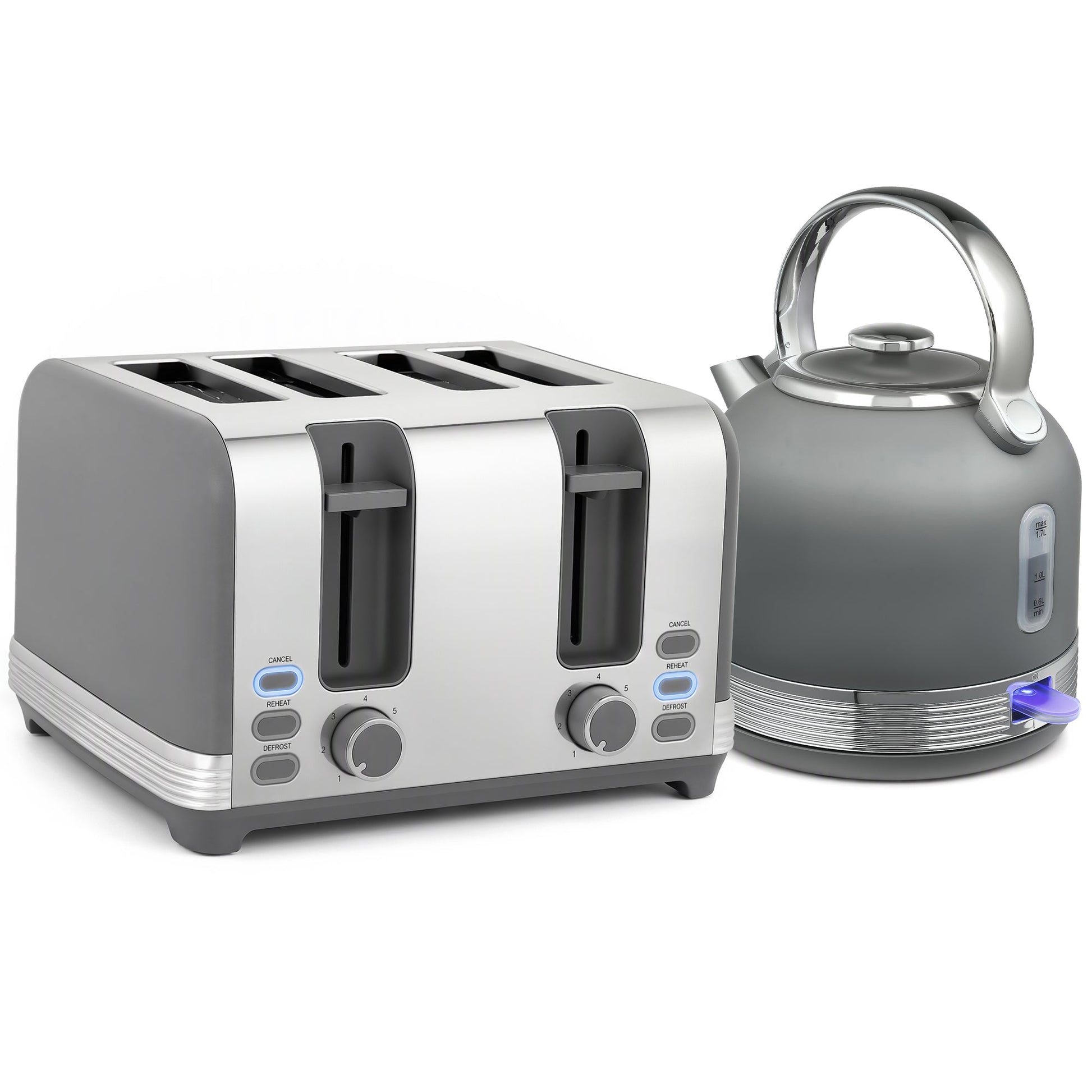 Stainless Steel Kettle and Toaster Set, 1.7L 3000W Cordless Fast Boil Kettle, 4 Slice Toaster Kitchen Set with 7 Level Browning Controls, Defrost, Reheat and Crumb Tray, Grey