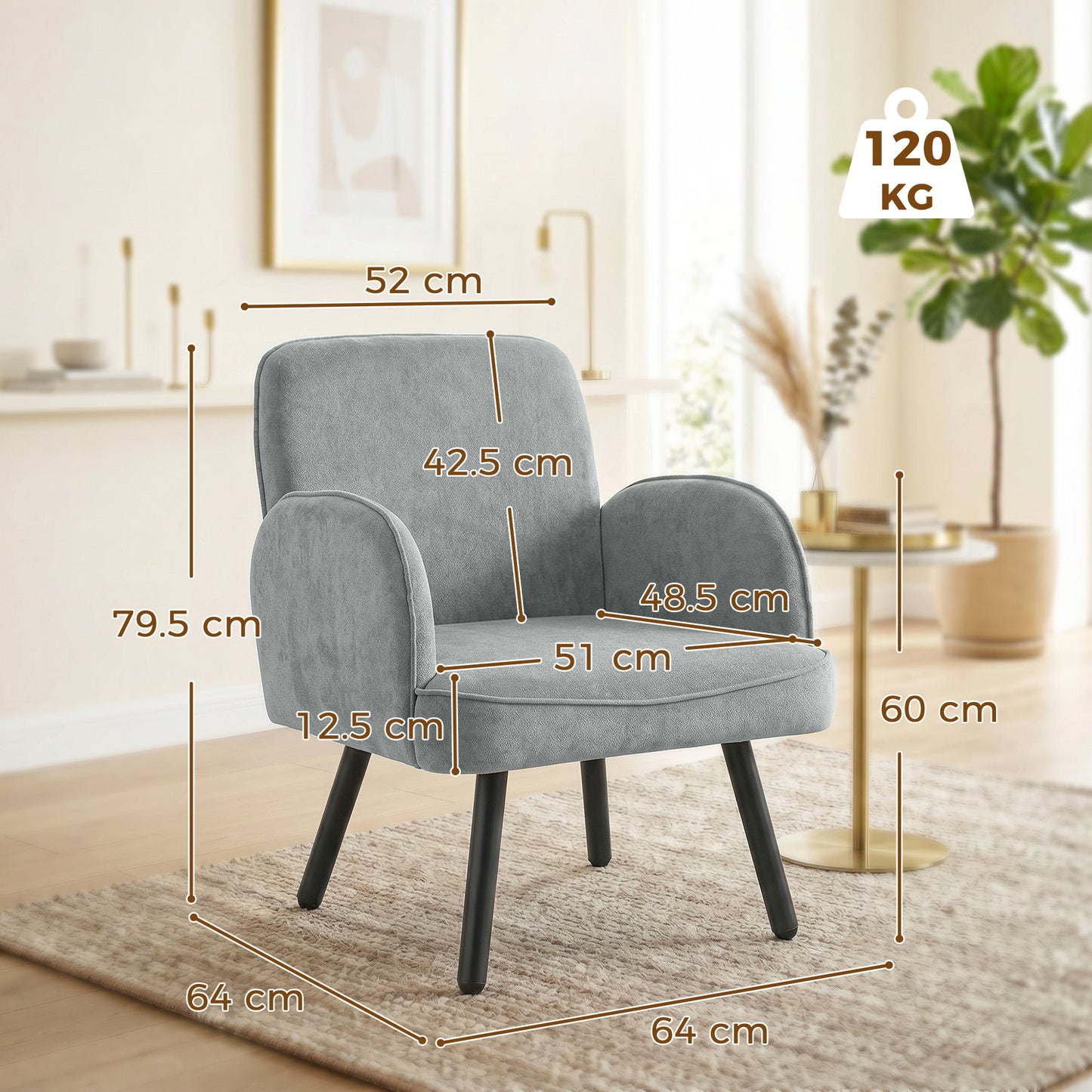 Modern Lounge Chair, Velvet Upholstered Bedroom Lounge Seat with Spring Cushion, Carbon Steel Frame, Armchair with Adjustable Feet, for Living Room, Bedroom, Study, Office, Grey