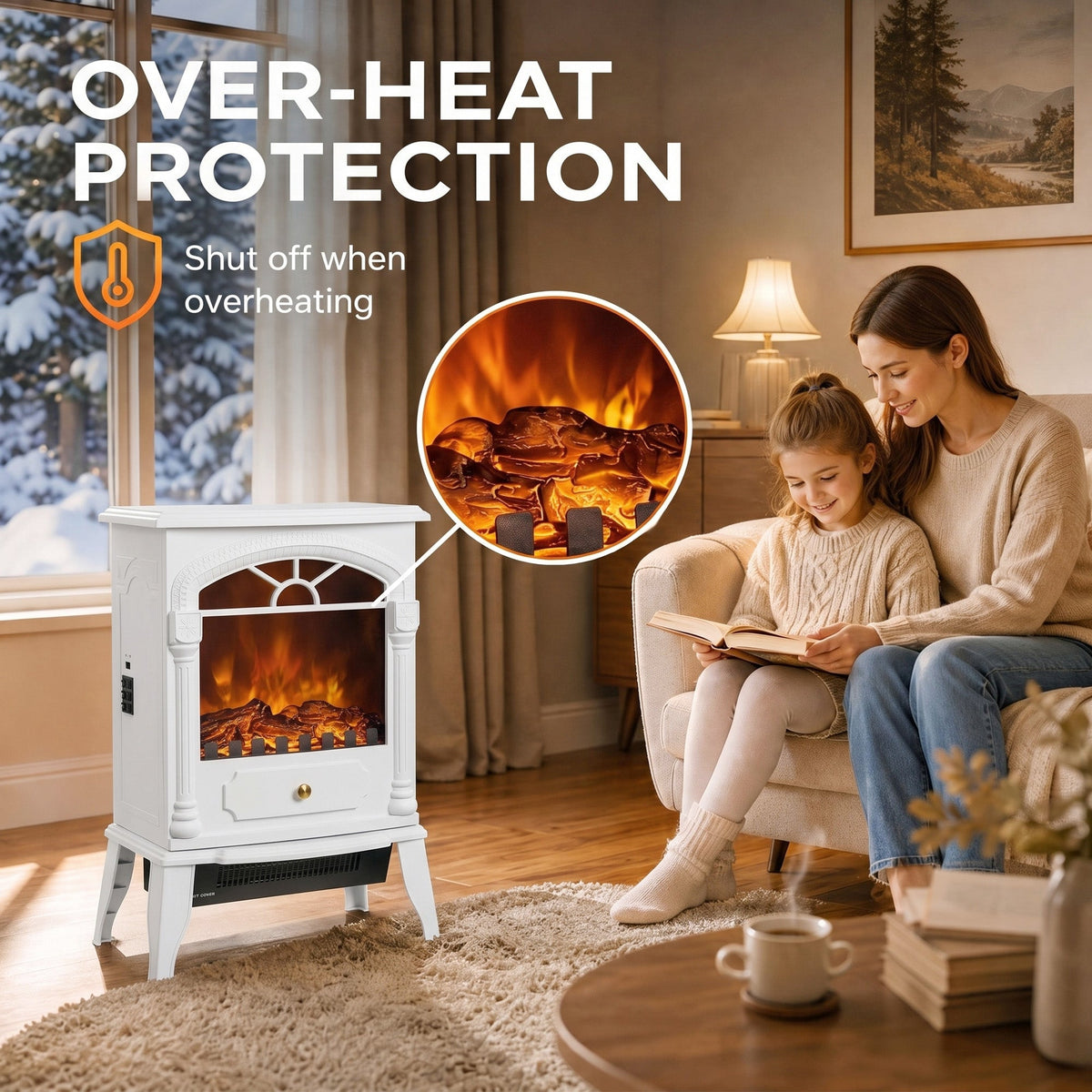 Electric Fireplace Stove Heater with 3D Flame Effect, 2000W/1000W, Freestanding Portable Fireplace with Adjustable Thermostat, 2 Heat Settings for Living Room, White