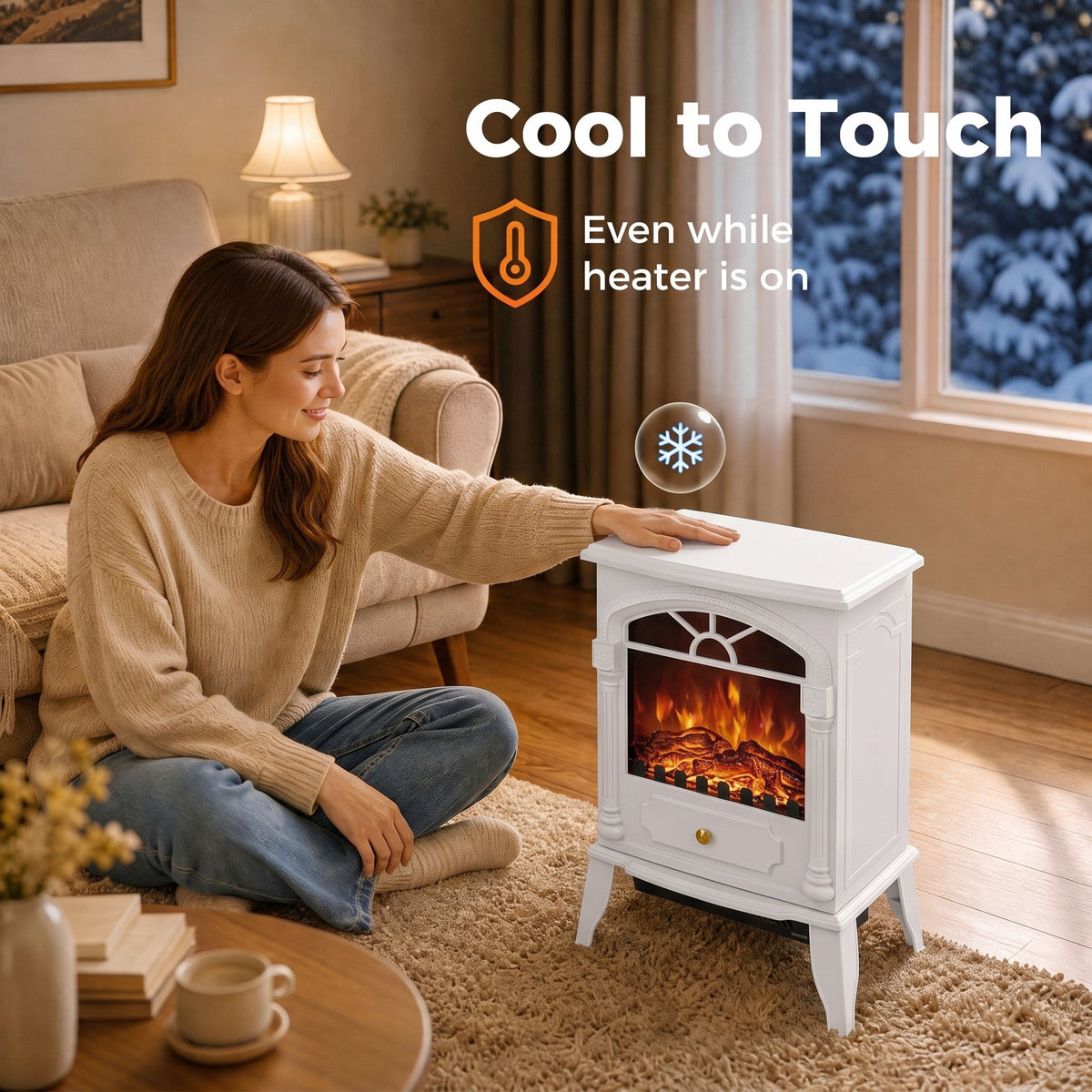 Electric Fireplace Stove Heater with 3D Flame Effect, 2000W/1000W, Freestanding Portable Fireplace with Adjustable Thermostat, 2 Heat Settings for Living Room, White