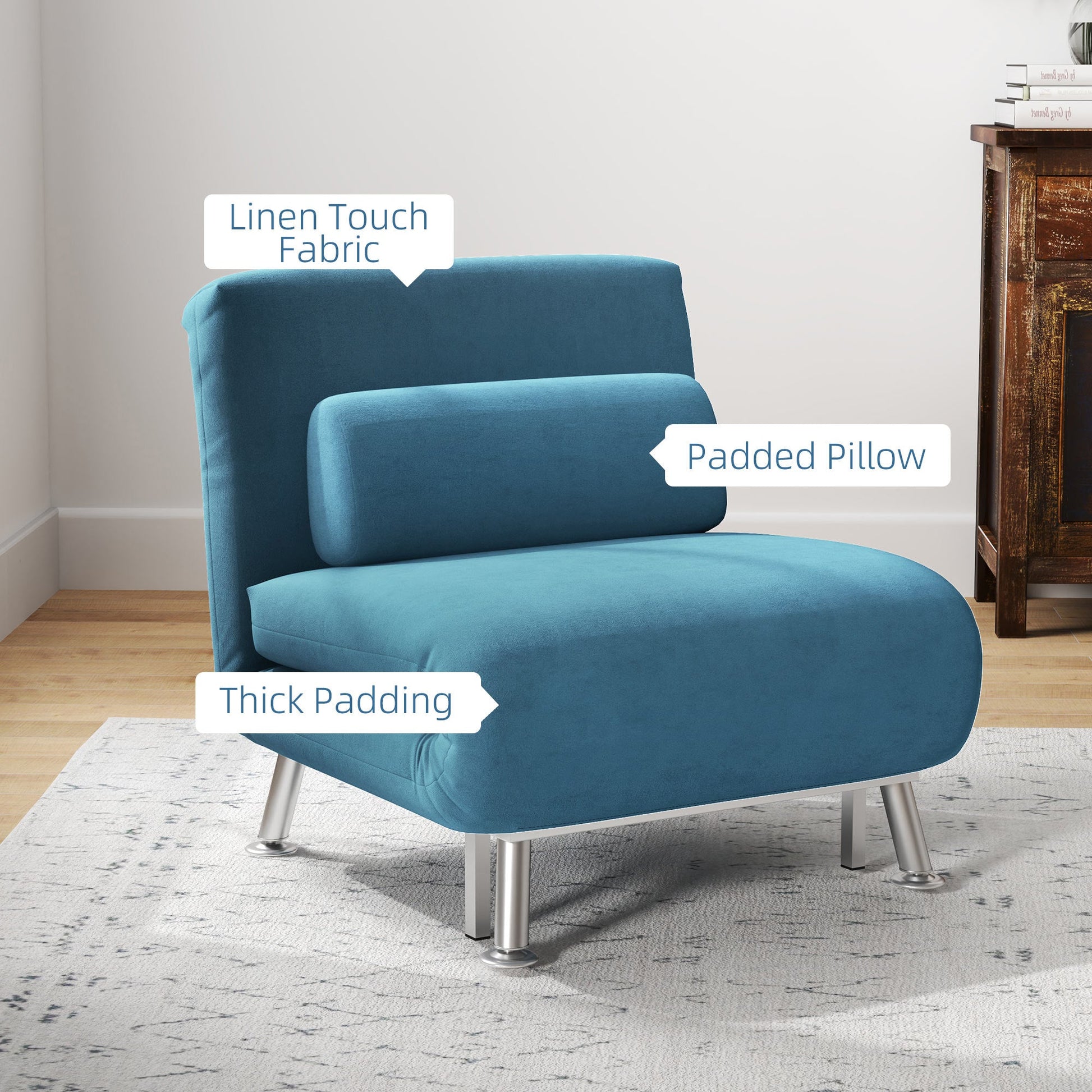 HOMCOM Velvet Single Chair Bed, 3-in-1 Convertible Sleeper Chair with Adjustable Backrest, Pillow, for Living Room, Bedroom, Blue
