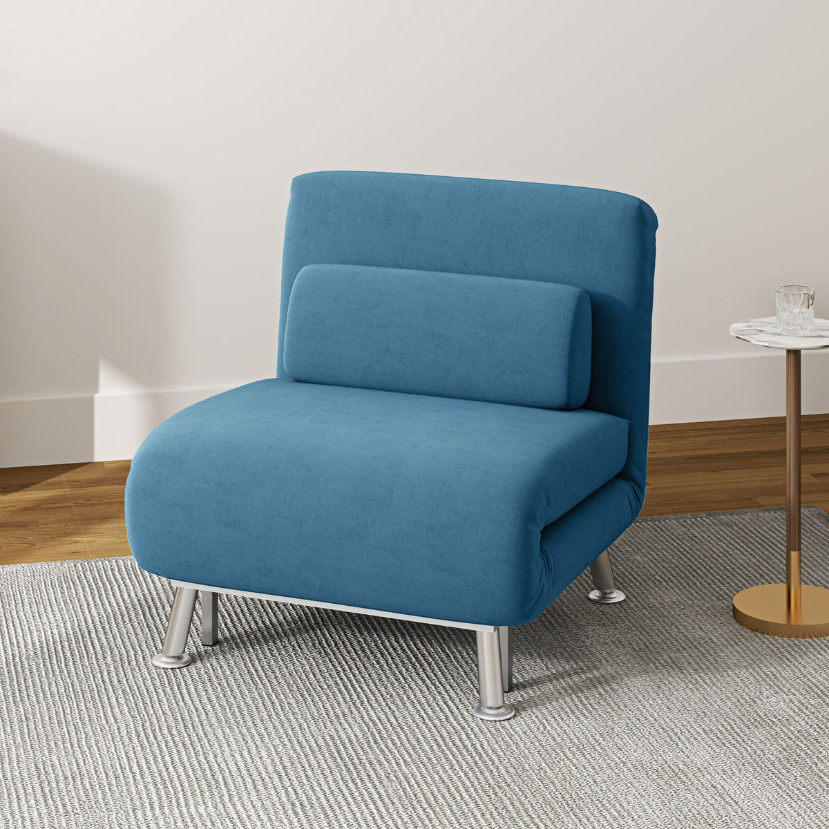 HOMCOM Velvet Single Chair Bed, 3-in-1 Convertible Sleeper Chair with Adjustable Backrest, Pillow, for Living Room, Bedroom, Blue