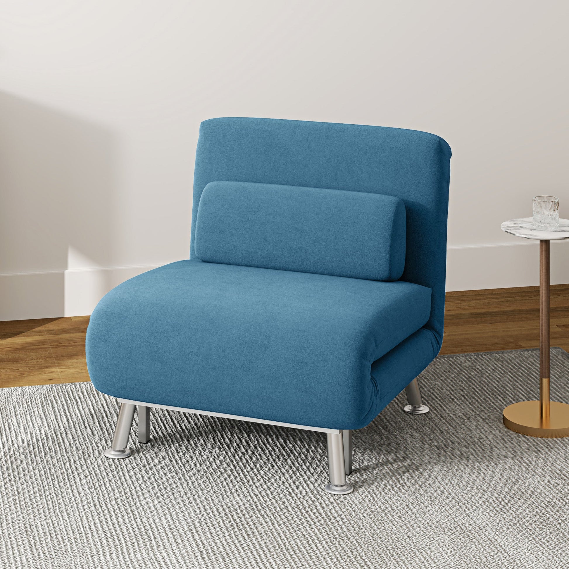 HOMCOM Velvet Single Chair Bed, 3-in-1 Convertible Sleeper Chair with Adjustable Backrest, Pillow, for Living Room, Bedroom, Blue