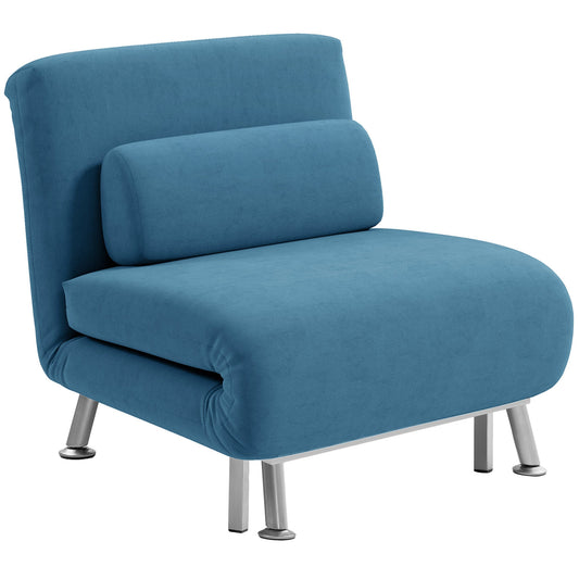 HOMCOM Velvet Single Chair Bed, 3-in-1 Convertible Sleeper Chair with Adjustable Backrest, Pillow, for Living Room, Bedroom, Blue