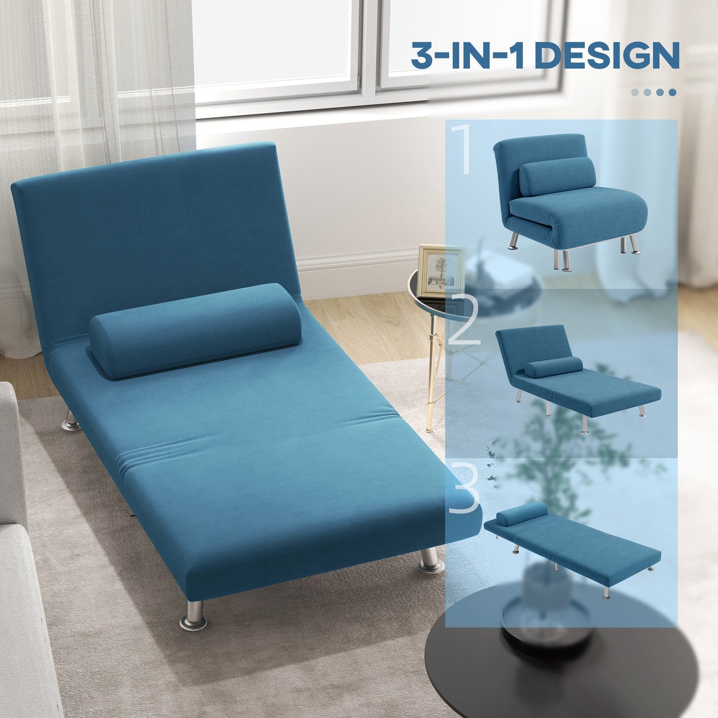 HOMCOM Velvet Single Chair Bed, 3-in-1 Convertible Sleeper Chair with Adjustable Backrest, Pillow, for Living Room, Bedroom, Blue