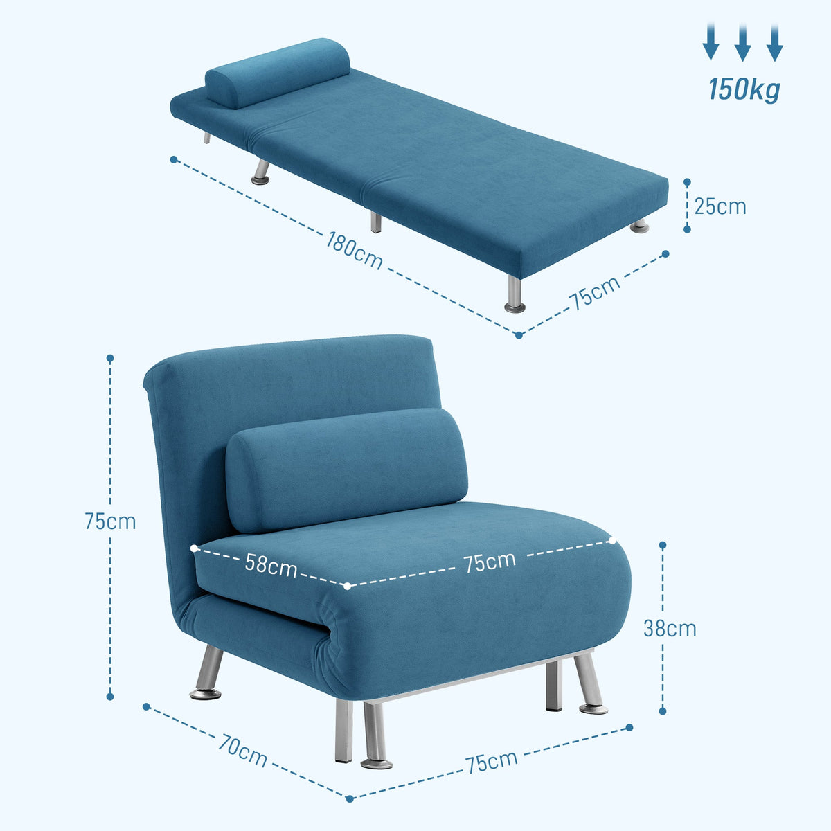 HOMCOM Velvet Single Chair Bed, 3-in-1 Convertible Sleeper Chair with Adjustable Backrest, Pillow, for Living Room, Bedroom, Blue