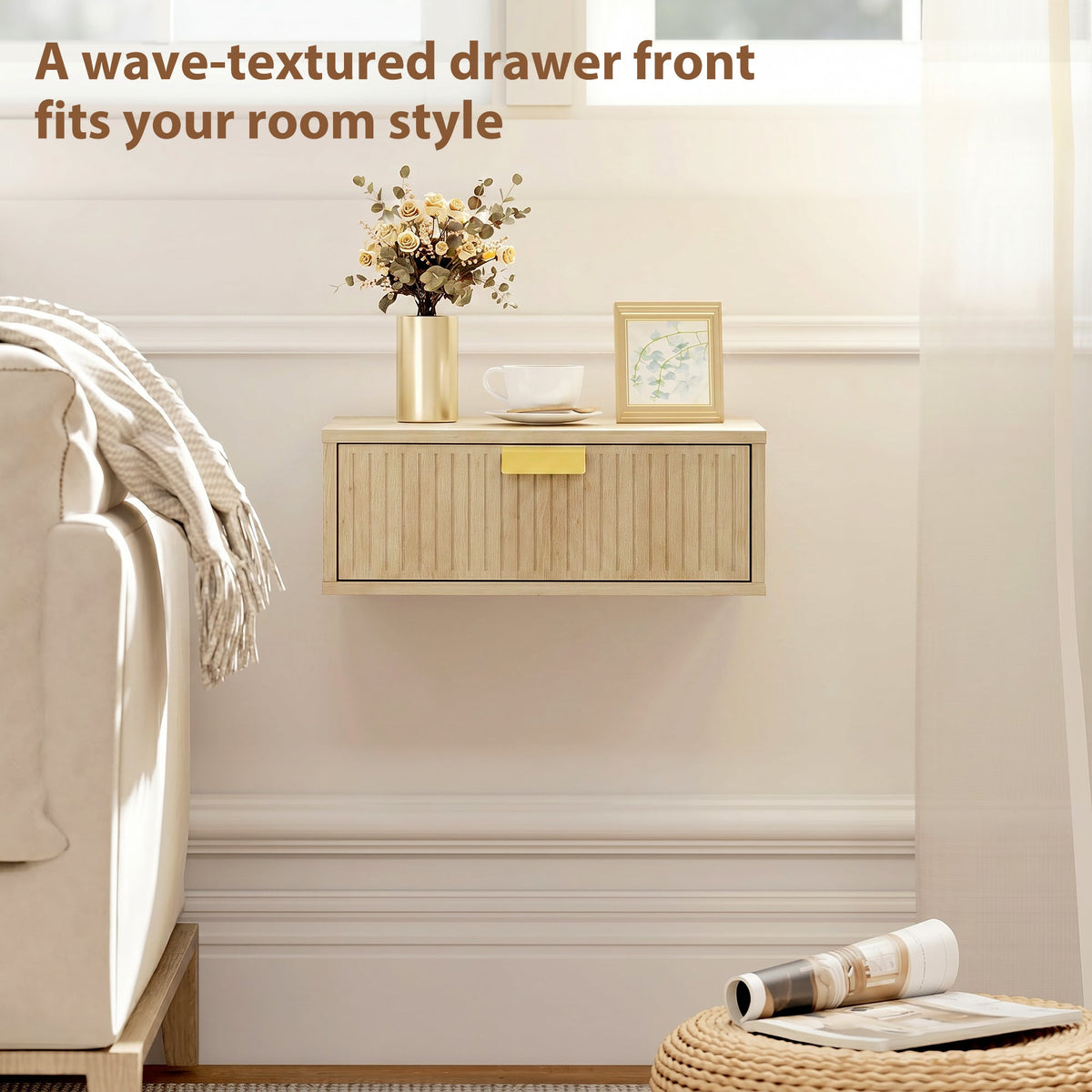 Modern Floating Nightstands Set of 2, Wall Mounted Bedside Tables with Wave Drawer for Bedroom and Living Room, Oak