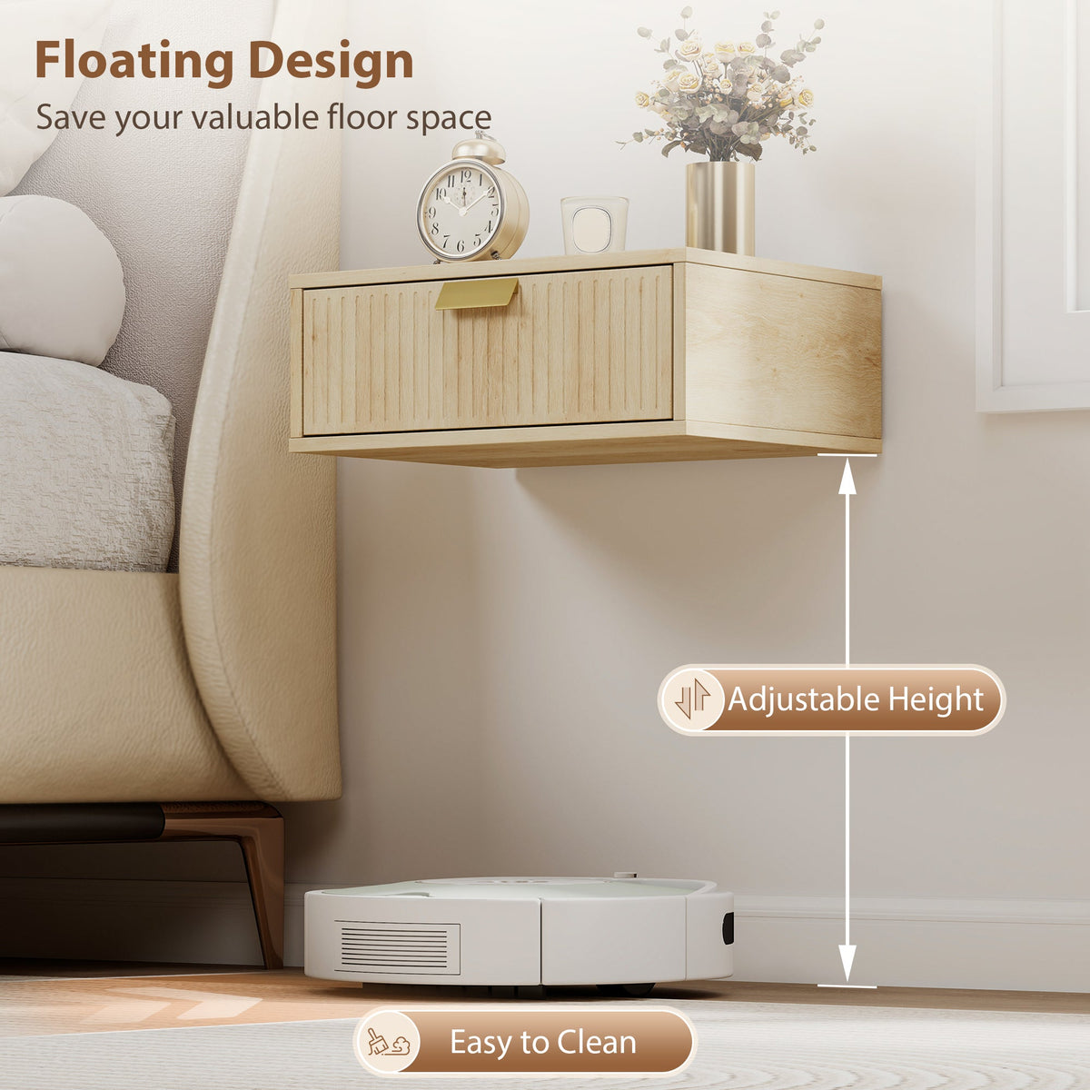 Modern Floating Nightstands Set of 2, Wall Mounted Bedside Tables with Wave Drawer for Bedroom and Living Room, Oak