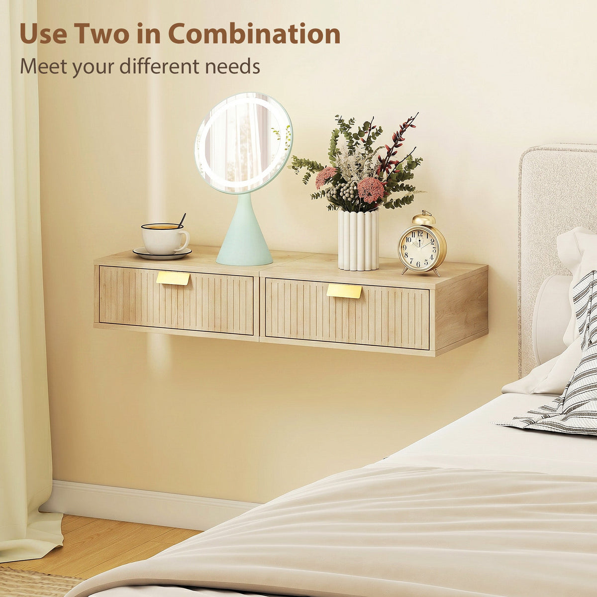 Modern Floating Nightstands Set of 2, Wall Mounted Bedside Tables with Wave Drawer for Bedroom and Living Room, Oak