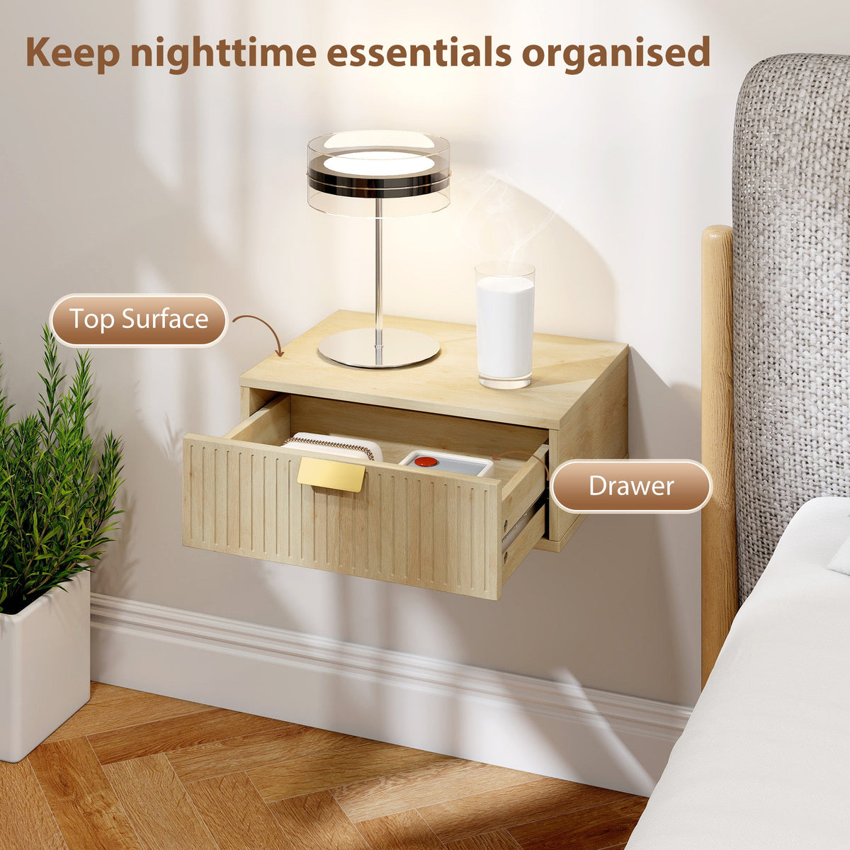 Modern Floating Nightstands Set of 2, Wall Mounted Bedside Tables with Wave Drawer for Bedroom and Living Room, Oak
