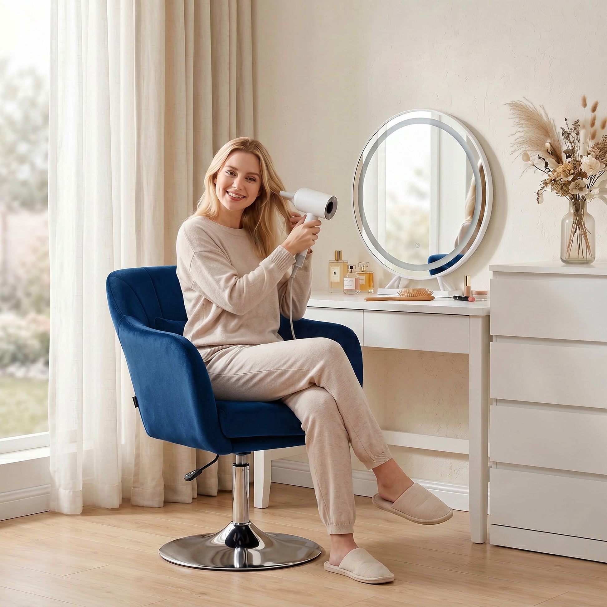 Swivel Accent Chair, Velvet Fabric Tub Vanity Chair, Modern Armchair with Adjustable Height and Lumbar Support for Living Room Bedroom Salon Make up Room Dressing Table, Dark Blue