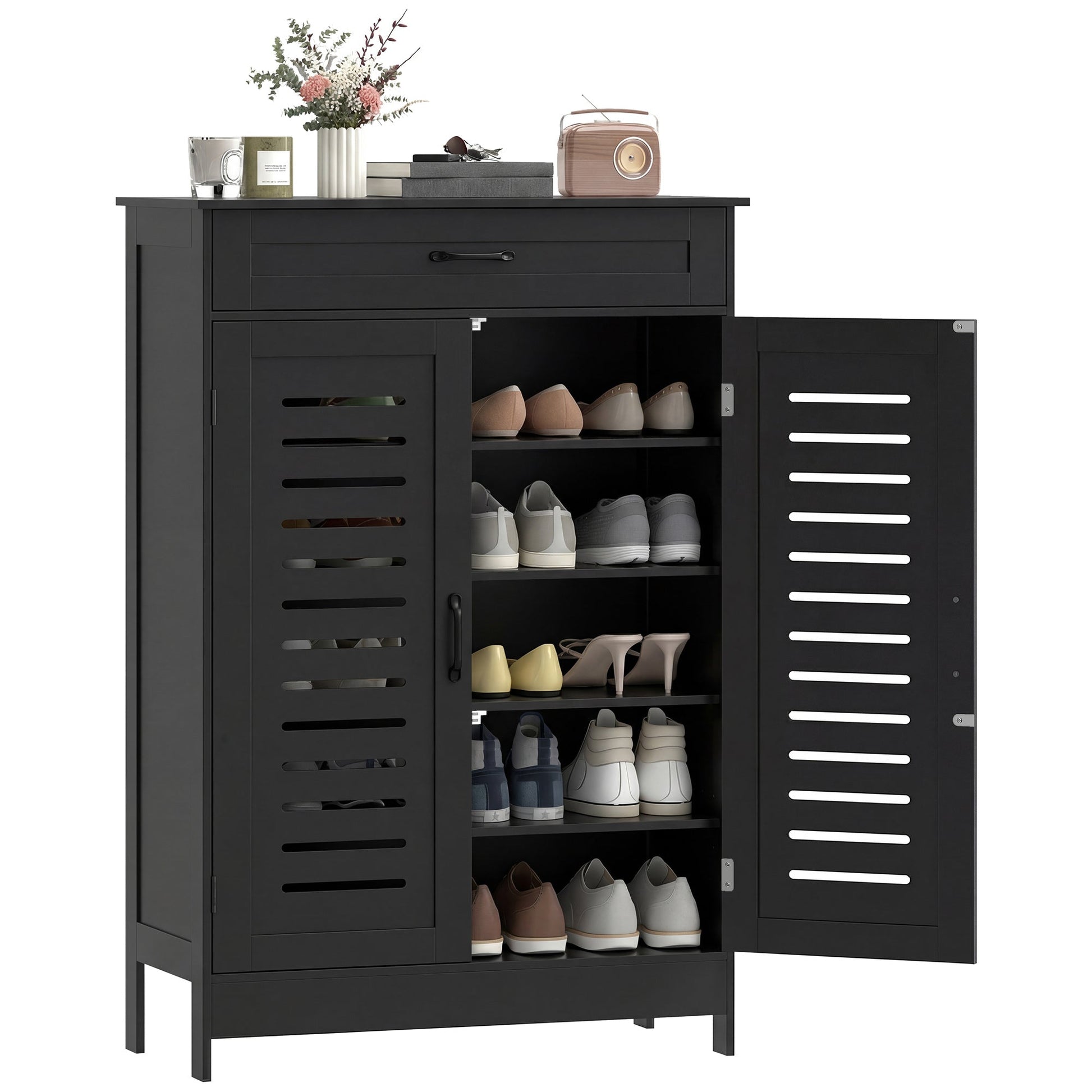 Shoe Cabinet with Louvered Doors, Modern Shoe Storage Cabinet with Drawer and Adjustable Shelves, Holds up to 20 Pairs for Entryway, Hallway, Black