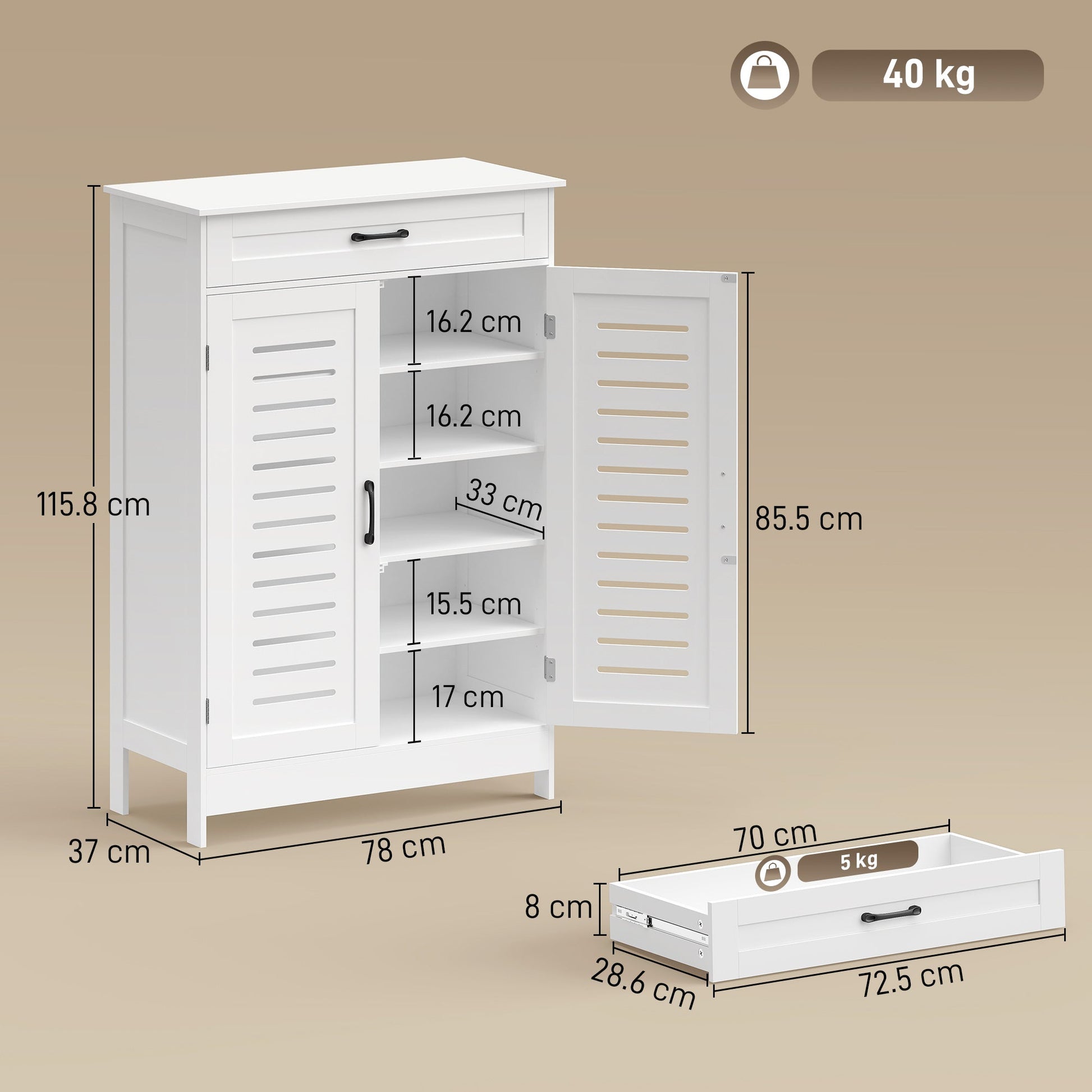 Shoe Cabinet with Louvered Doors, Modern Shoe Storage Cabinet with Drawer and Adjustable Shelves, Holds up to 20 Pairs for Entryway, Hallway, White
