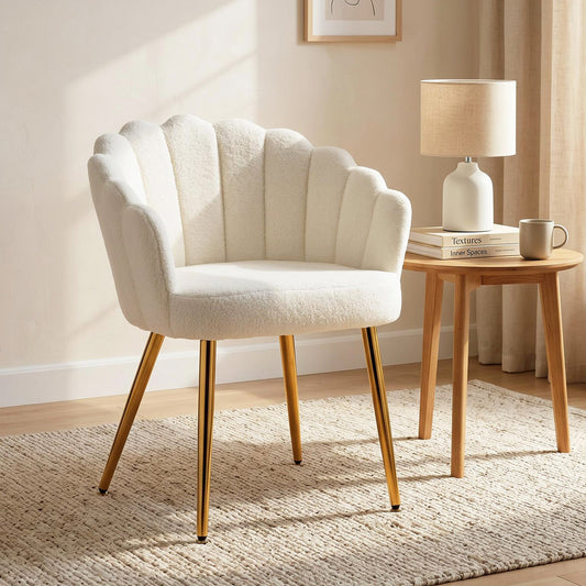 Petal-Back Lounge Chair, Faux Lamb's Wool Lounge Seat with Metal Legs and Adjustable Feet, Modern Armchair for Living Room, Bedroom, Balcony, Office, Cream