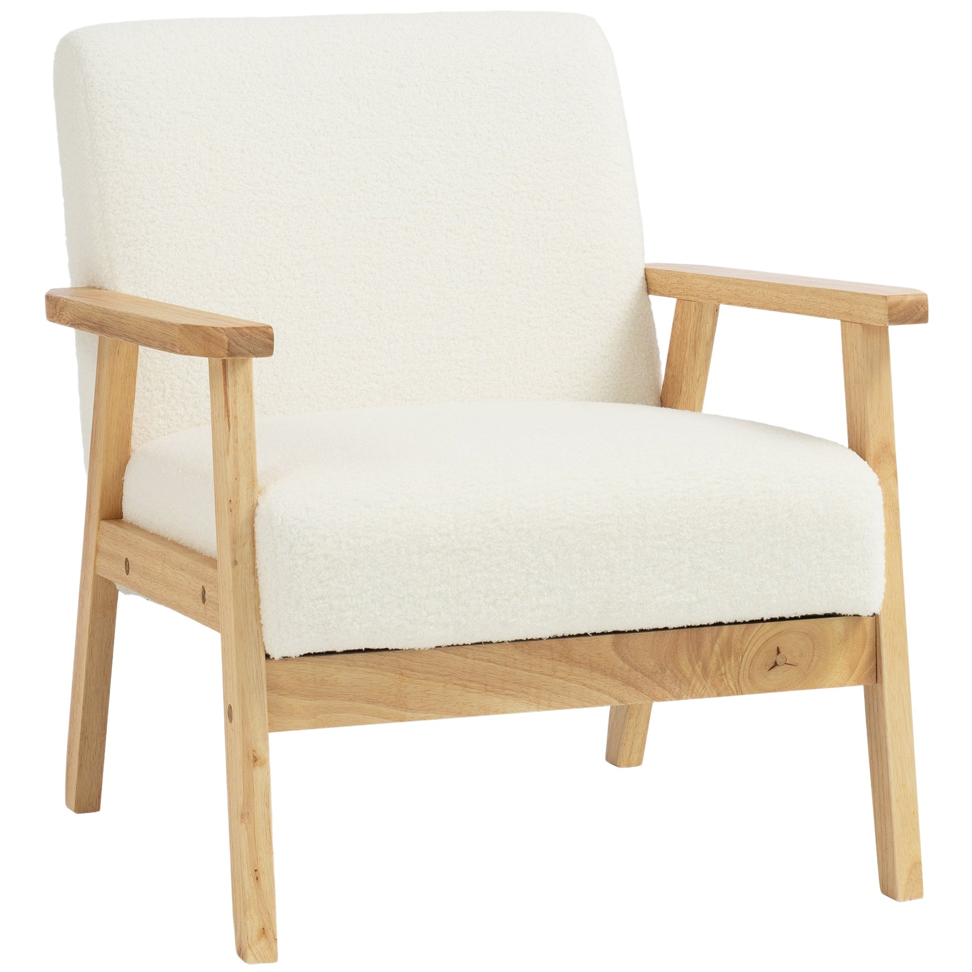 Modern Armchair, Sherpa Fleece Upholstered Accent Chair with Solid Wood Legs and Wide Seat, Padding Lounge Chair for Living Room Bedroom Office, Cream White