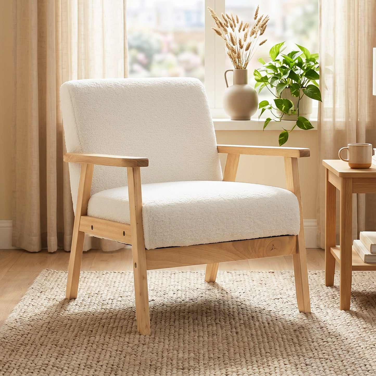 Modern Armchair, Sherpa Fleece Upholstered Accent Chair with Solid Wood Legs and Wide Seat, Padding Lounge Chair for Living Room Bedroom Office, Cream White