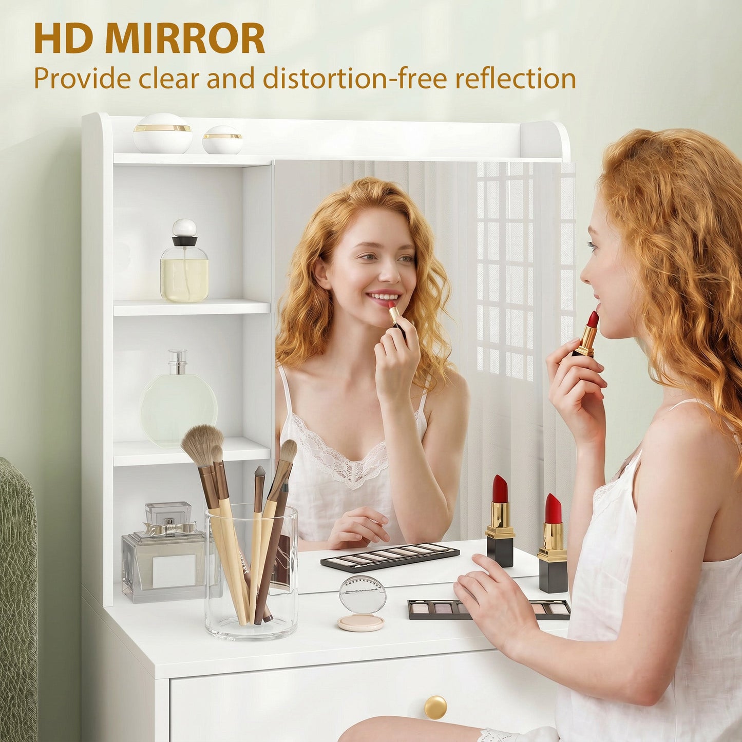 Dressing Table with Mirror and Mobile Storage Stool, Compact Vanity Table with Cabinet, Drawers, Open Shelves, Cushioned Seat, Modern Makeup Vanity Desk for Bedroom, White