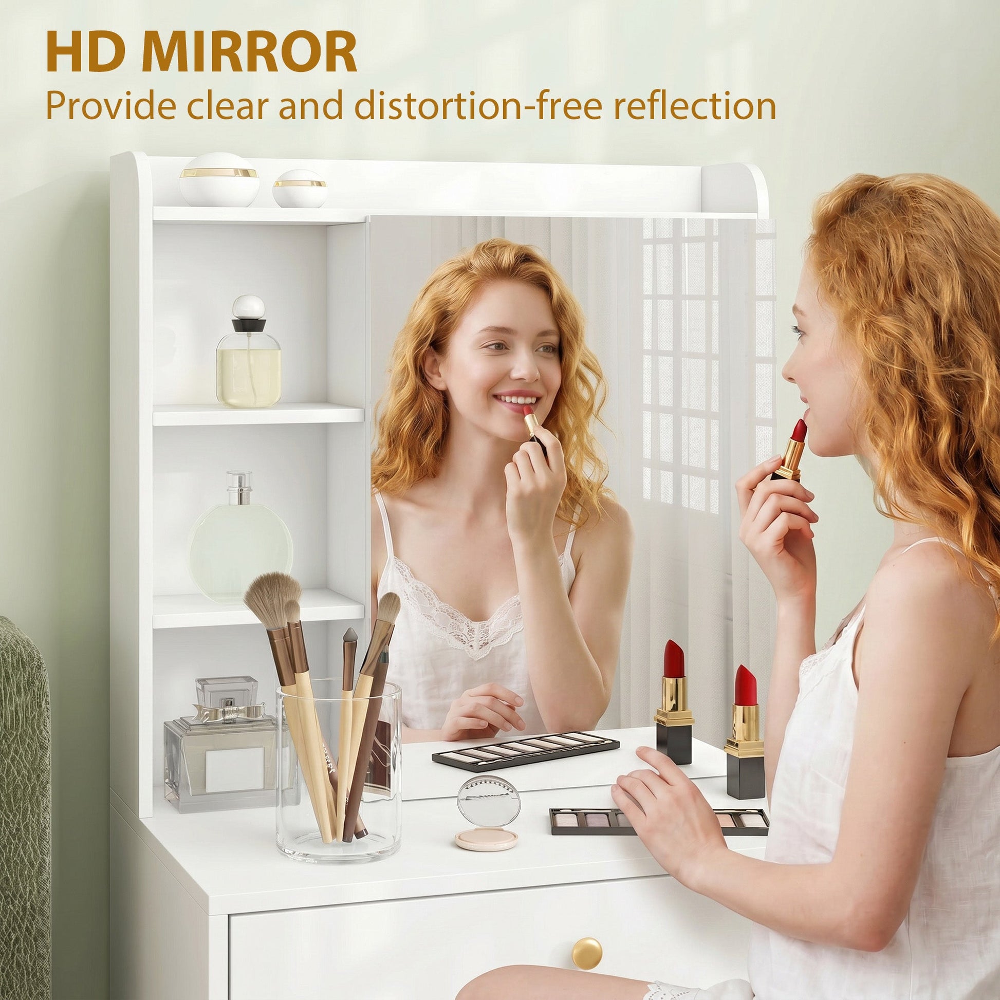 Dressing Table with Mirror and Mobile Storage Stool, Compact Vanity Table with Cabinet, Drawers, Open Shelves, Cushioned Seat, Modern Makeup Vanity Desk for Bedroom, White