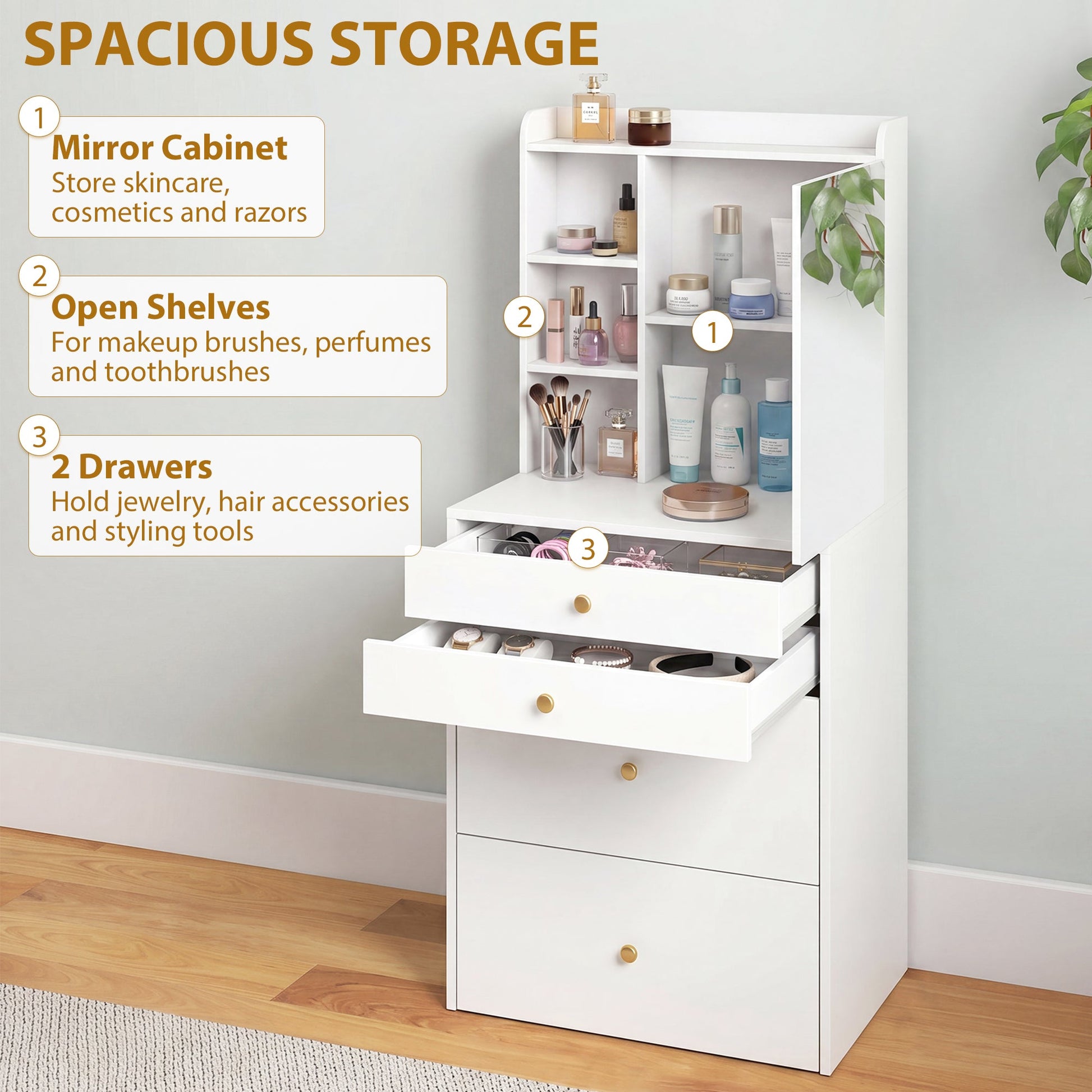 Dressing Table with Mirror and Mobile Storage Stool, Compact Vanity Table with Cabinet, Drawers, Open Shelves, Cushioned Seat, Modern Makeup Vanity Desk for Bedroom, White