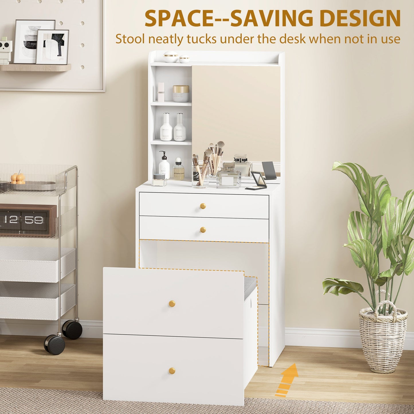 Dressing Table with Mirror and Mobile Storage Stool, Compact Vanity Table with Cabinet, Drawers, Open Shelves, Cushioned Seat, Modern Makeup Vanity Desk for Bedroom, White