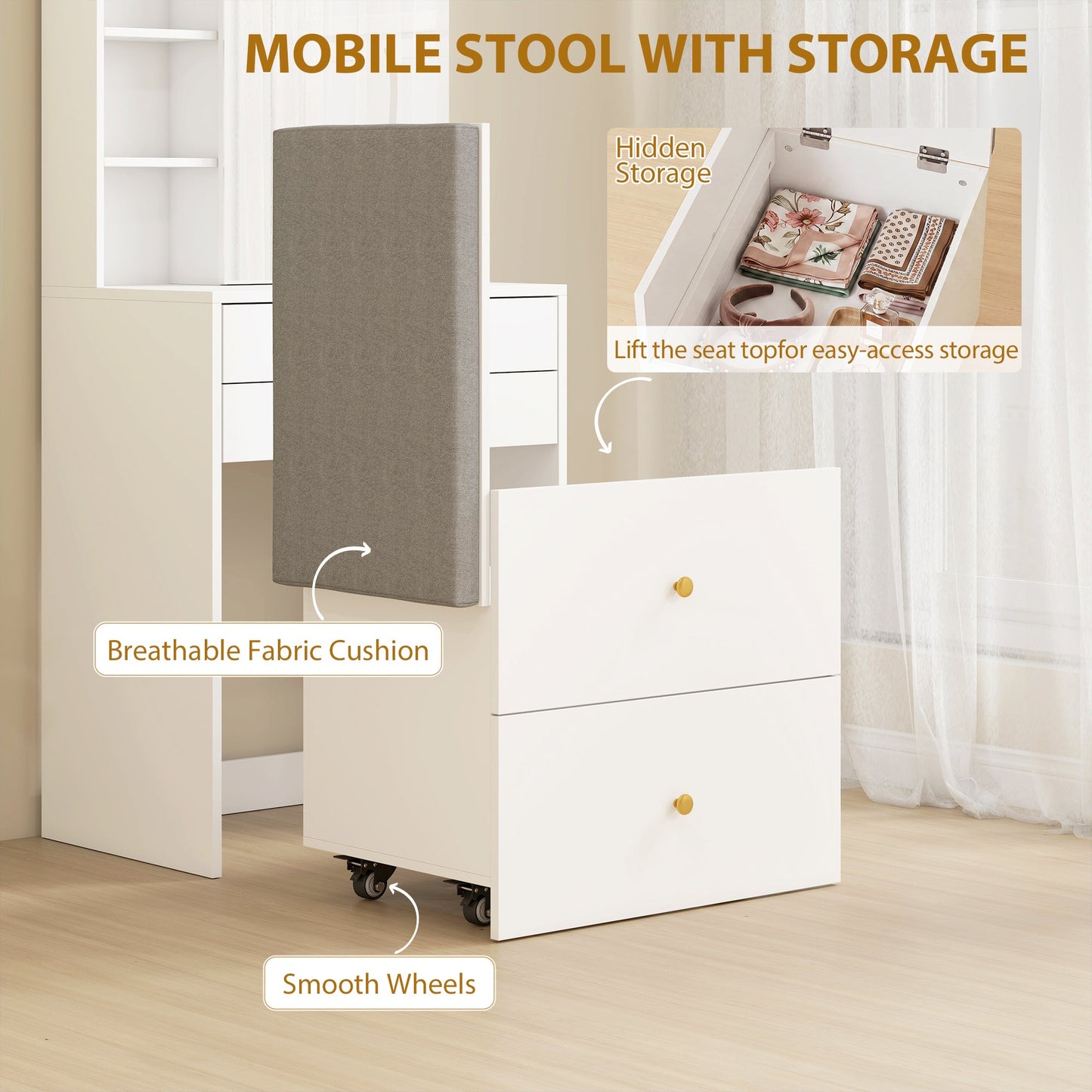 Dressing Table with Mirror and Mobile Storage Stool, Compact Vanity Table with Cabinet, Drawers, Open Shelves, Cushioned Seat, Modern Makeup Vanity Desk for Bedroom, White