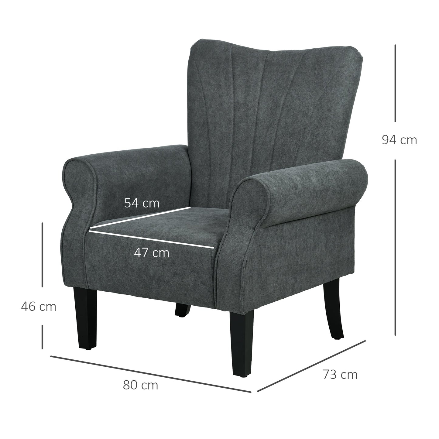 HOMCOM Armchair, Upholstered Modern Accent Chair with High Back, Rolled Arms and Wood Legs, Soft Thick Padded Living Room Chair, Grey