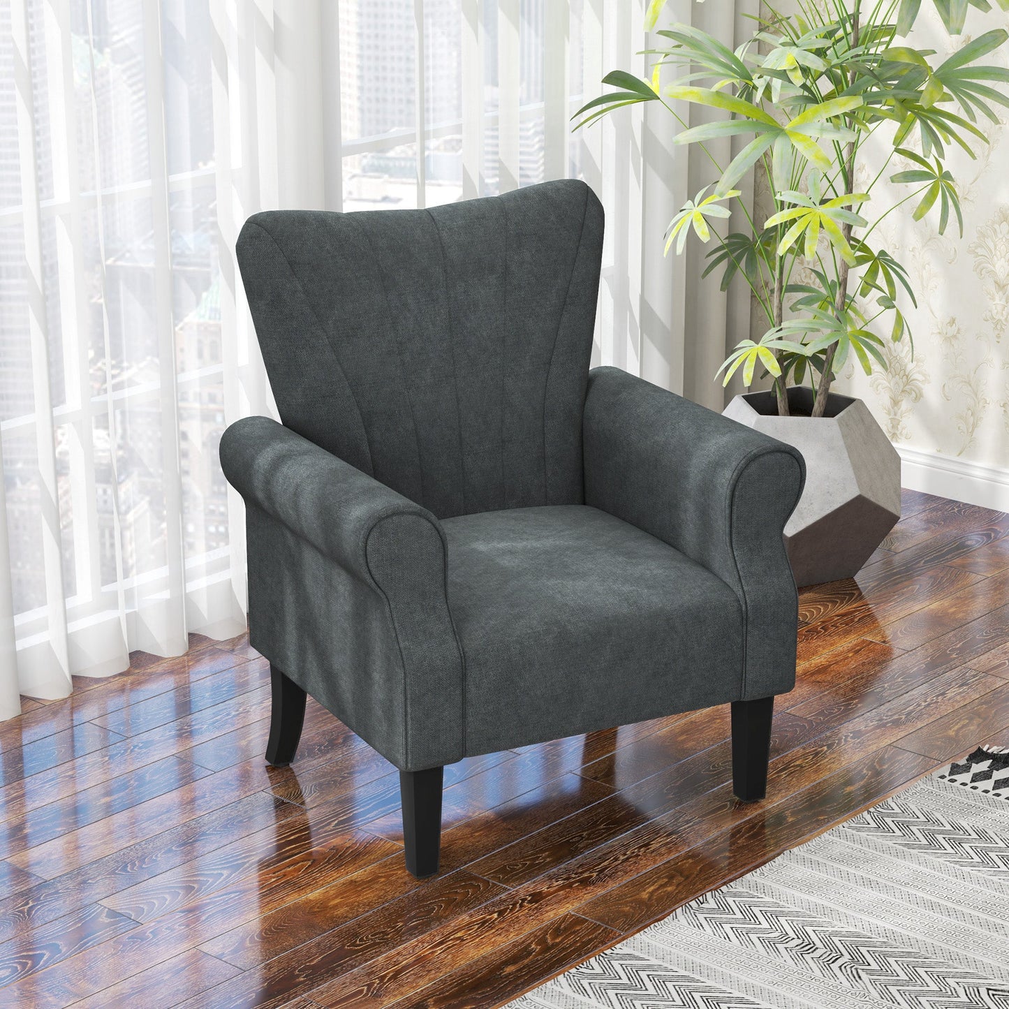 HOMCOM Armchair, Upholstered Modern Accent Chair with High Back, Rolled Arms and Wood Legs, Soft Thick Padded Living Room Chair, Grey