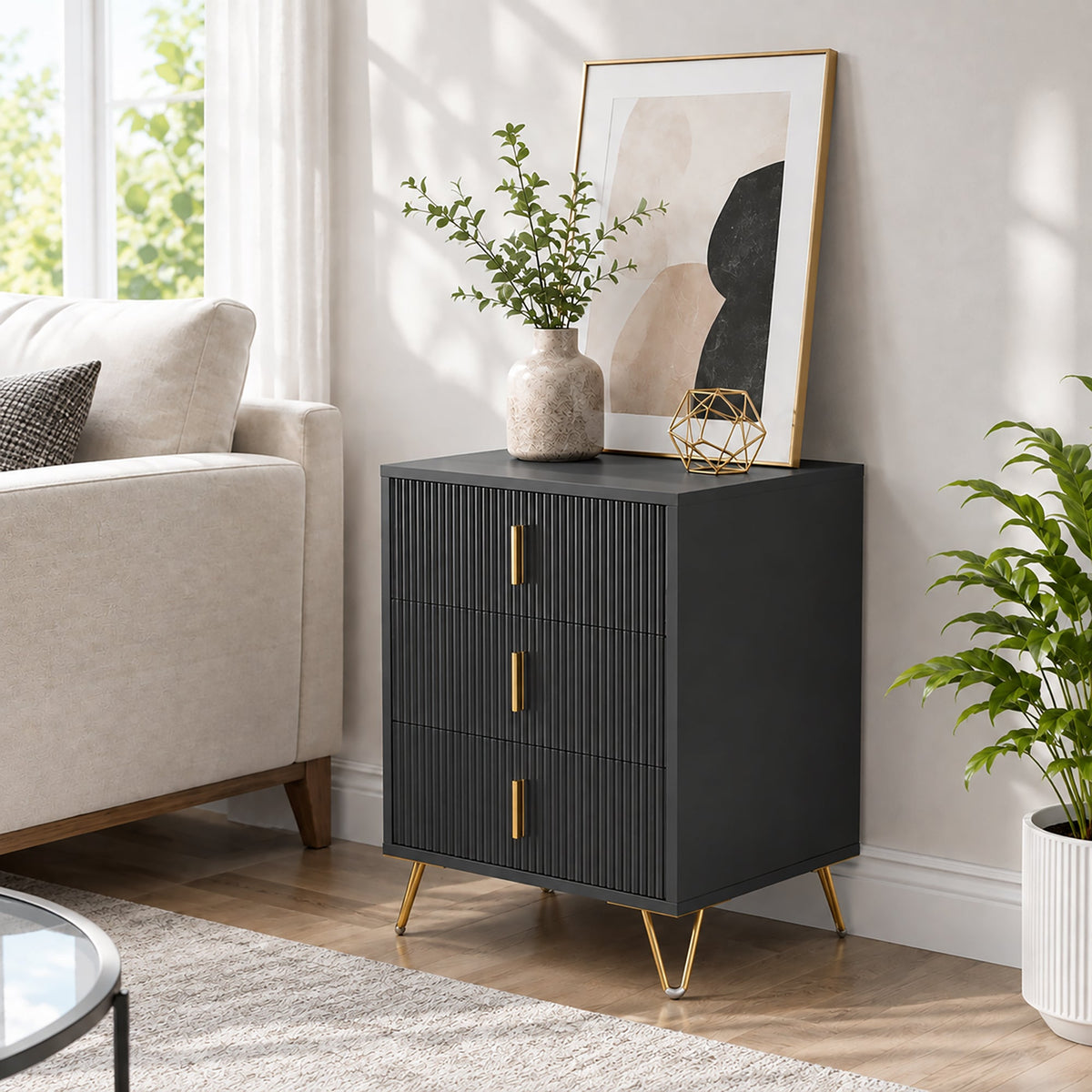 Modern 3 Drawer Dresser, Fluted Bedroom Dresser Chest of Drawers with Metal Legs and Steel Handles for Bedroom, Black