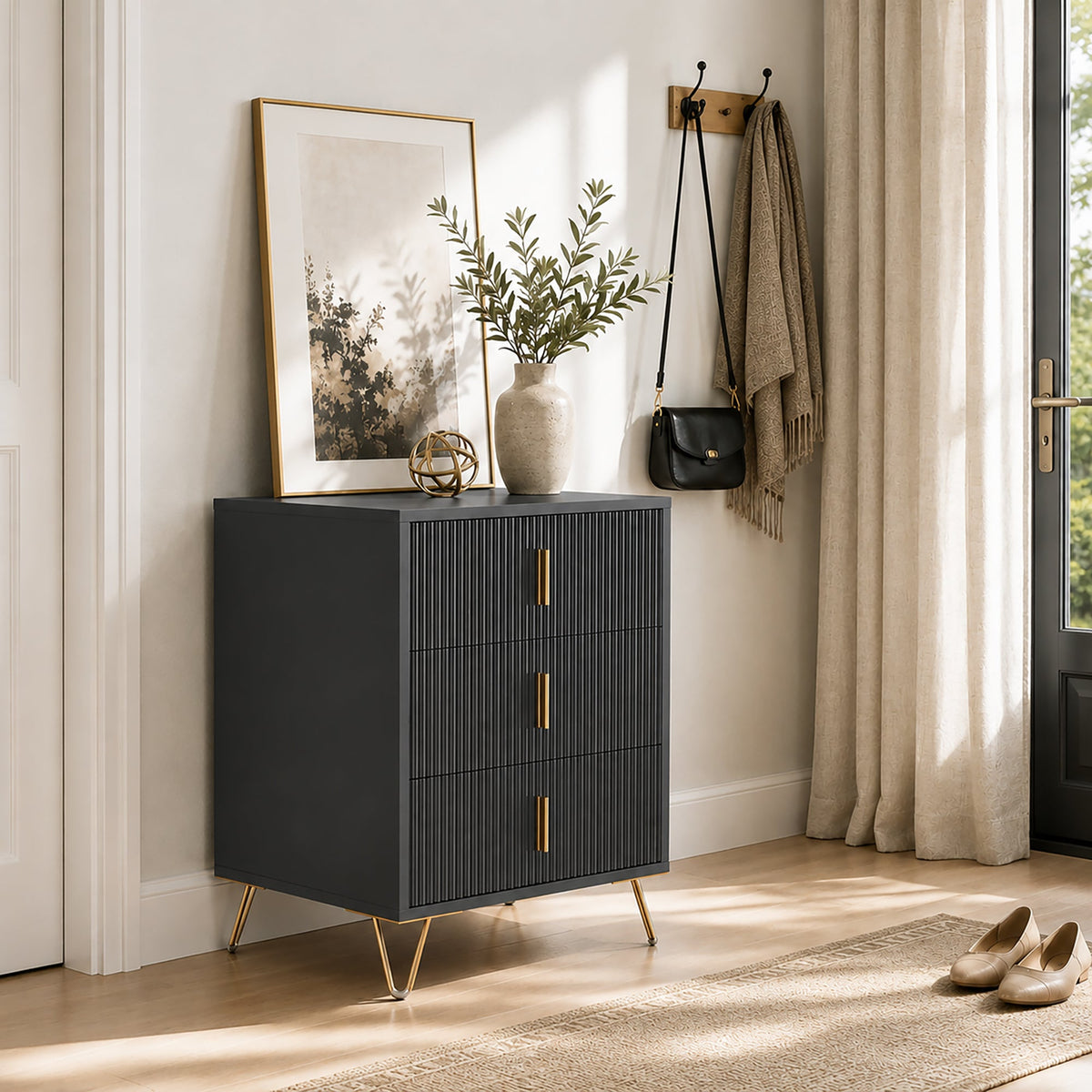 Modern 3 Drawer Dresser, Fluted Bedroom Dresser Chest of Drawers with Metal Legs and Steel Handles for Bedroom, Black