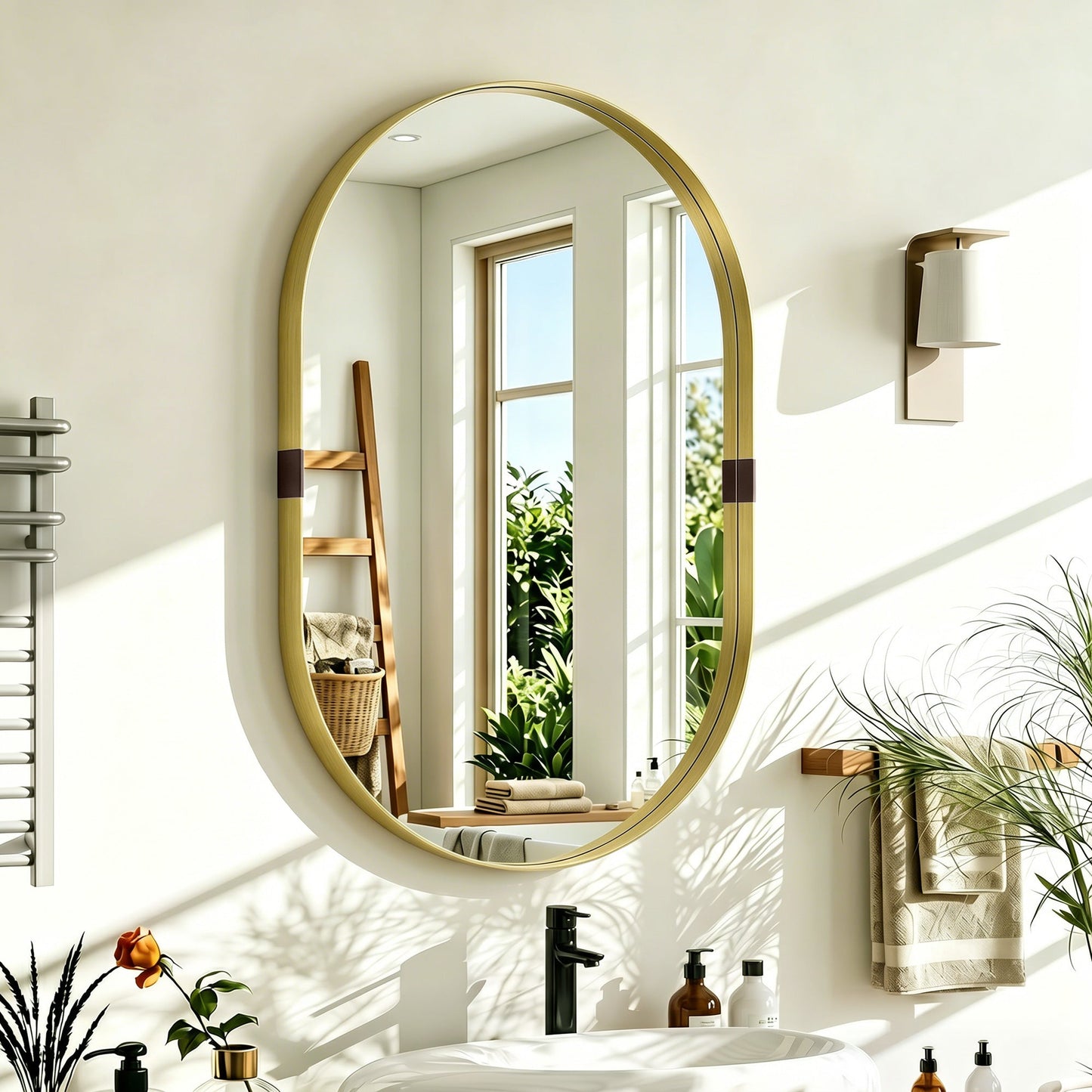 Wall Mirror with Elevated Aluminium Alloy Frame, 60 x 90 cm Bathroom Mirror with Tempered Glass for Living Room, Bedroom, Hallway, Gold Tone