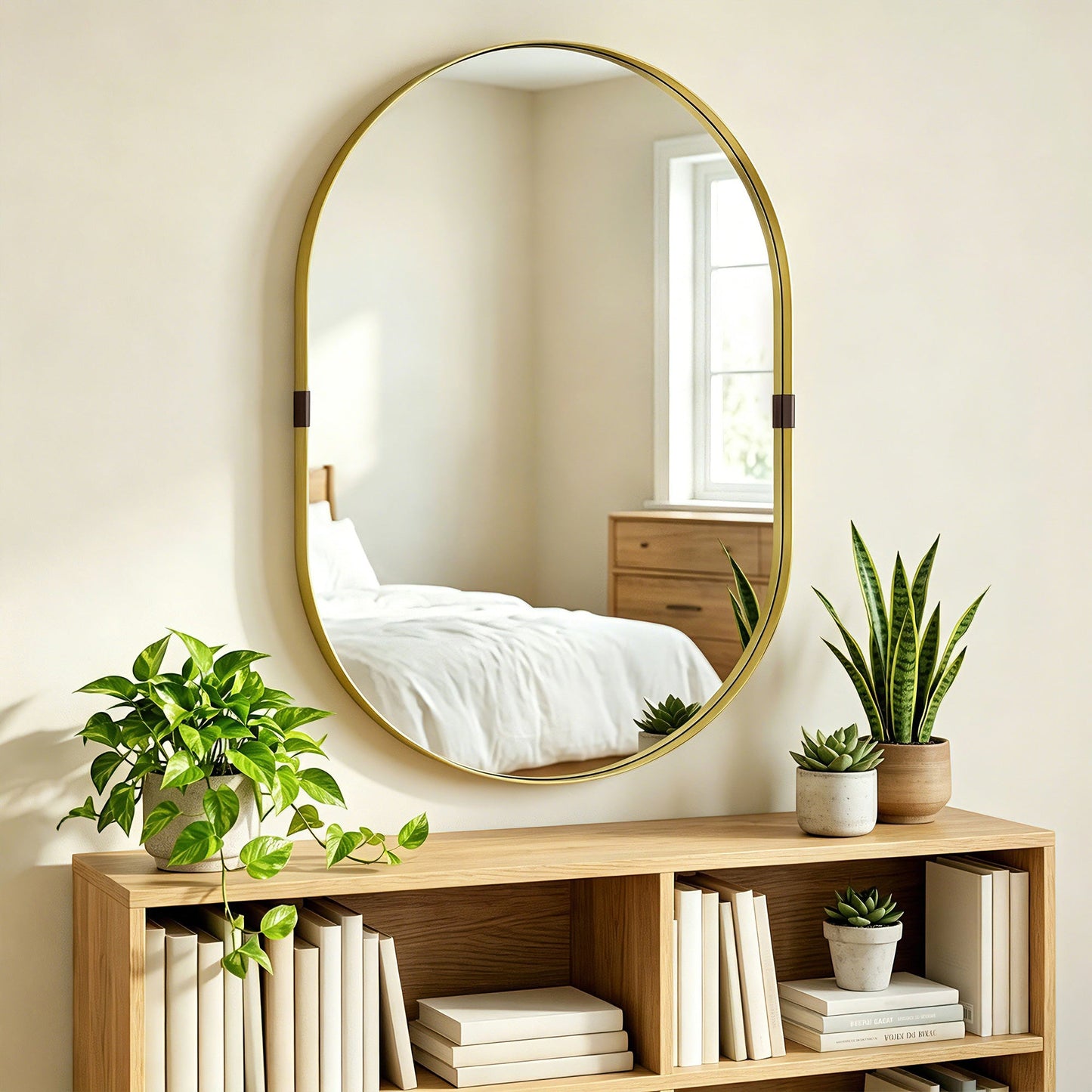 Wall Mirror with Elevated Aluminium Alloy Frame, 60 x 90 cm Bathroom Mirror with Tempered Glass for Living Room, Bedroom, Hallway, Gold Tone