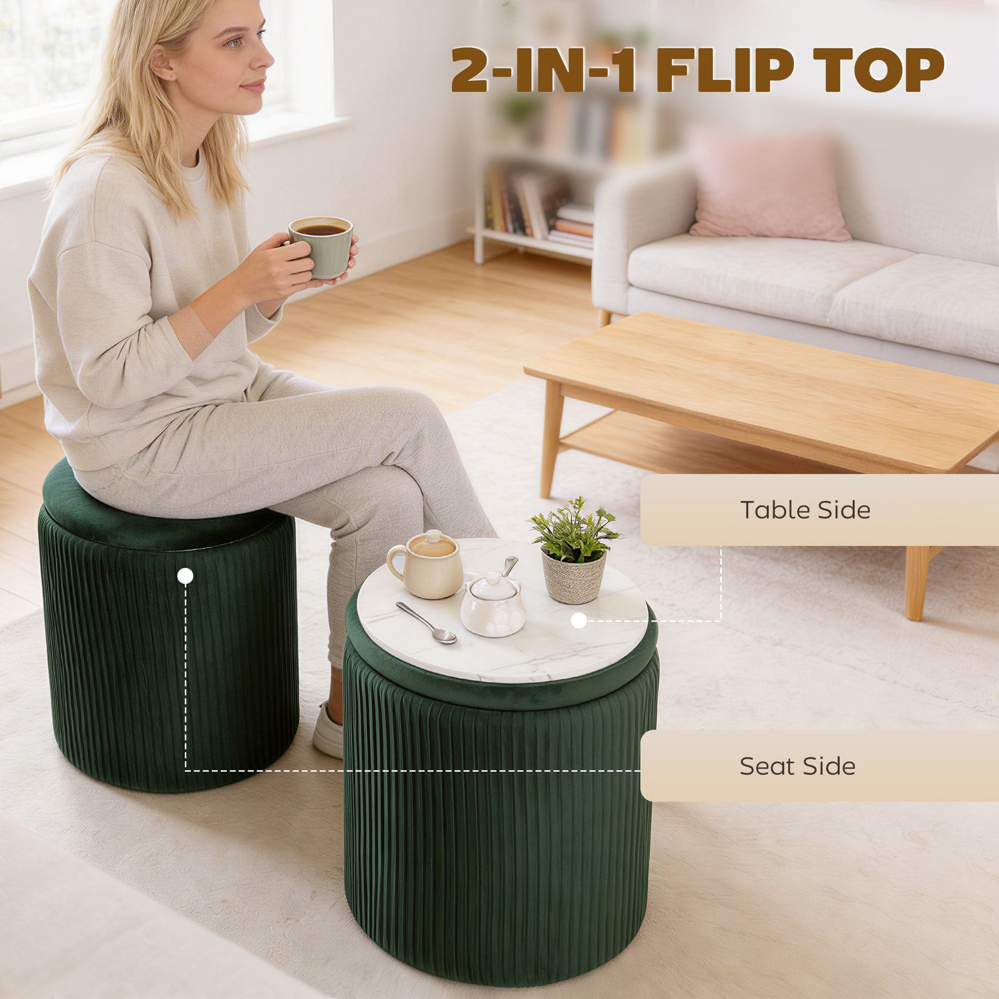 Round Storage Ottoman, Velvet-feel Fabric Upholstered Foot Stool with Removable Top, Padded Seat and Hidden Space for Living Room, Bedroom, Dark Green