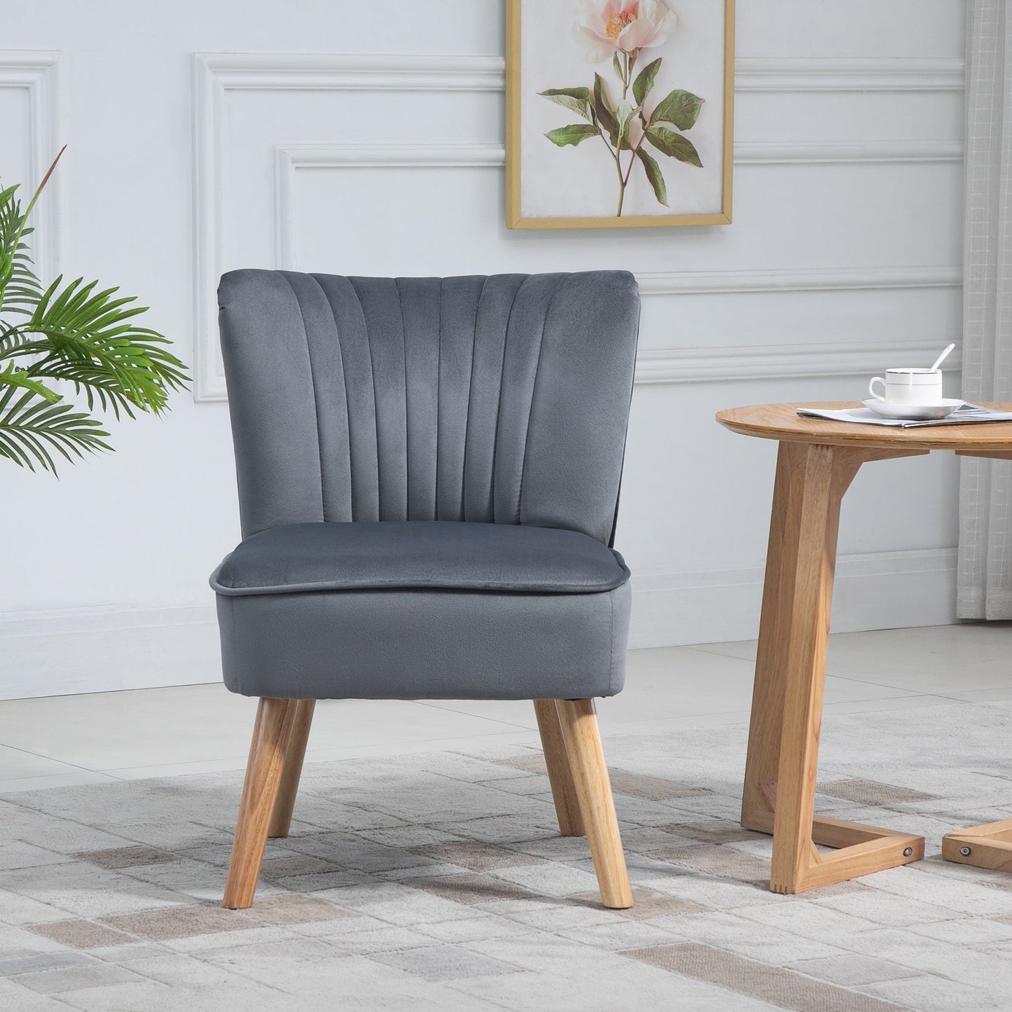 HOMCOM Velvet Accent Chair Occasional Tub Seat Padding Curved Back with Wood Frame Legs Home Furniture Grey