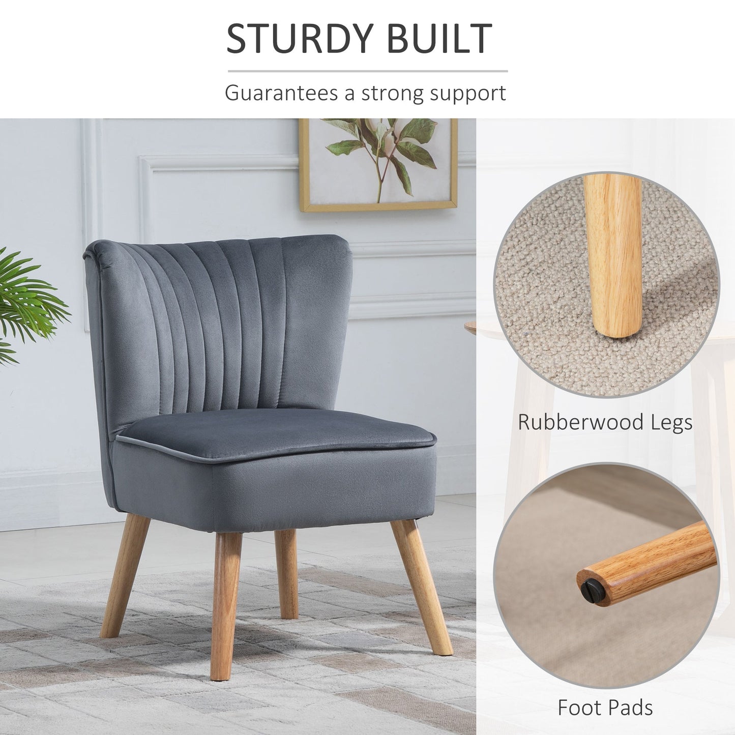 HOMCOM Velvet Accent Chair Occasional Tub Seat Padding Curved Back with Wood Frame Legs Home Furniture Grey