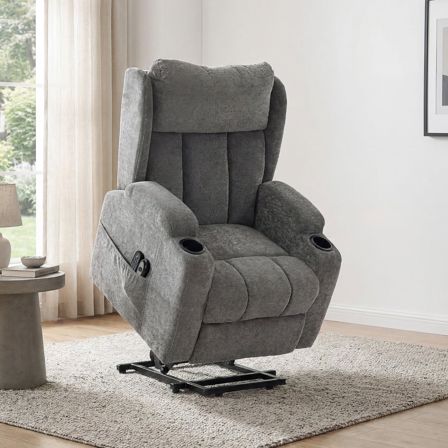 Power Lift Recliner Chair with Vibration Massage and Heat, Chenille Riser and Recliner Armchair for Elderly with Folding Headrest, Spring Cushion, Wide and High Back, Cup Holders, Remote, Grey
