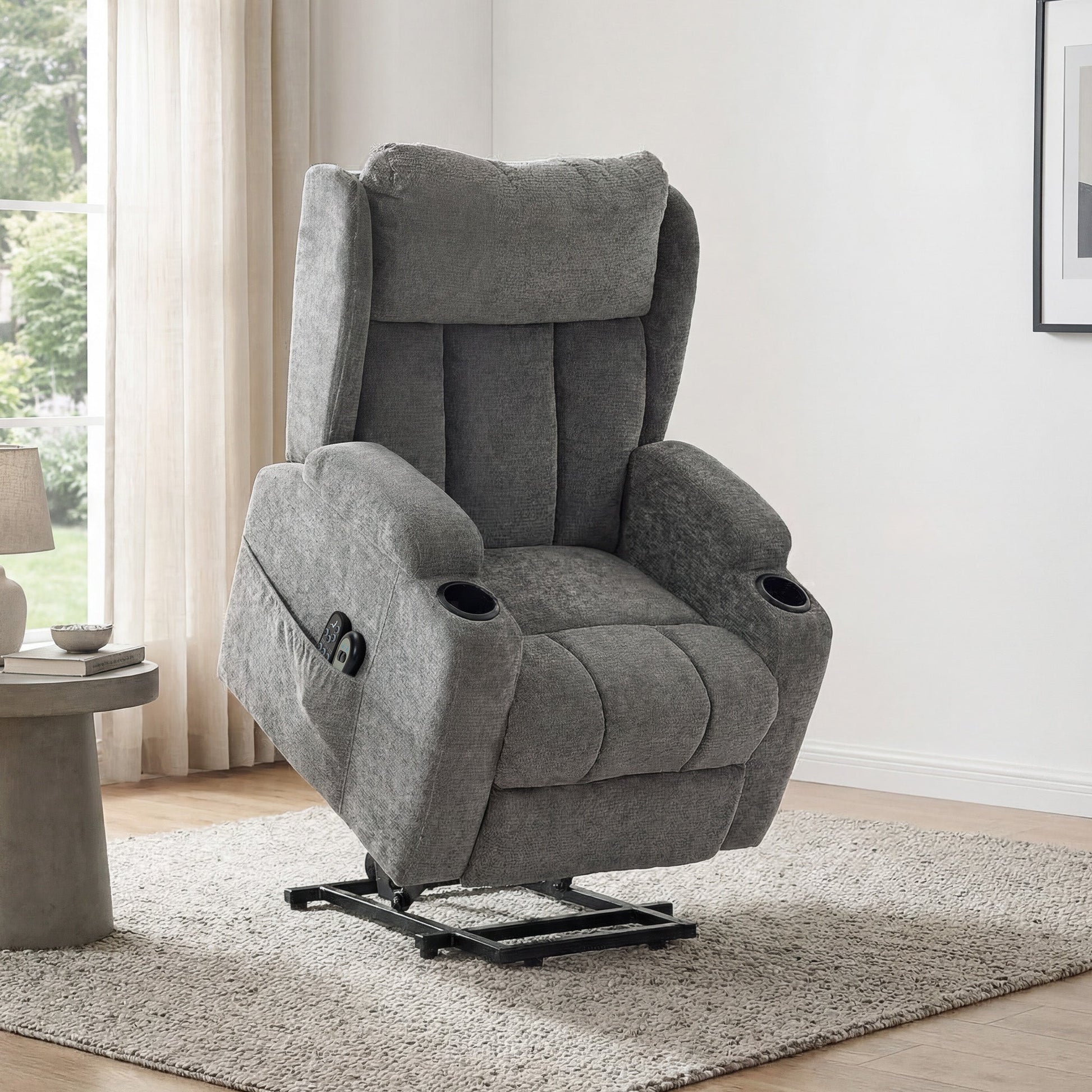 Power Lift Recliner Chair with Vibration Massage and Heat, Chenille Riser and Recliner Armchair for Elderly with Folding Headrest, Spring Cushion, Wide and High Back, Cup Holders, Remote, Grey