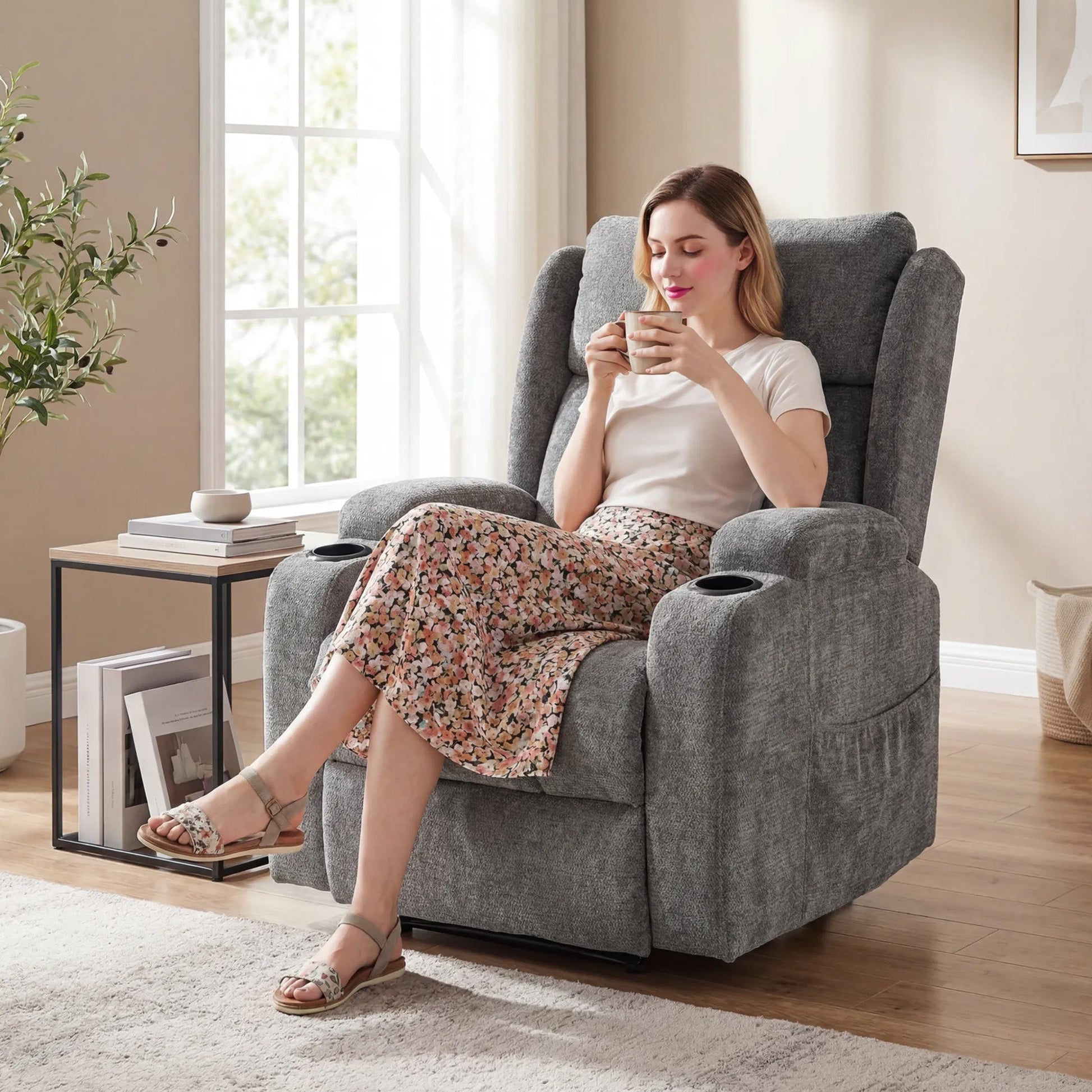 Power Lift Recliner Chair with Vibration Massage and Heat, Chenille Riser and Recliner Armchair for Elderly with Folding Headrest, Spring Cushion, Wide and High Back, Cup Holders, Remote, Grey