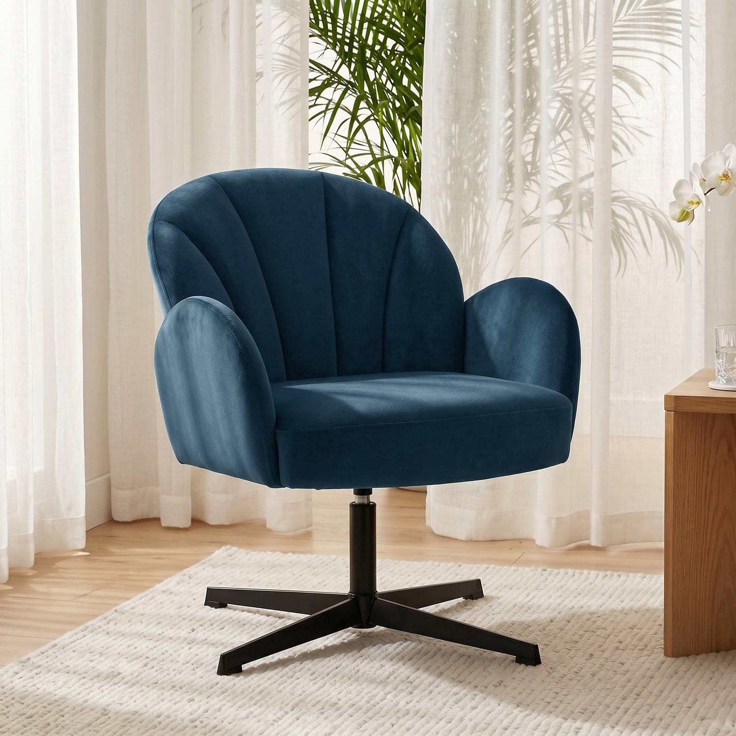 Swivel Accent Chair, Velvet-Feel Fabric Shell-Shaped Armchair with Spring Cushion, Metal Base, Modern Reading Chair for Living Room, Bedroom, Study, Makeup, Dark Blue