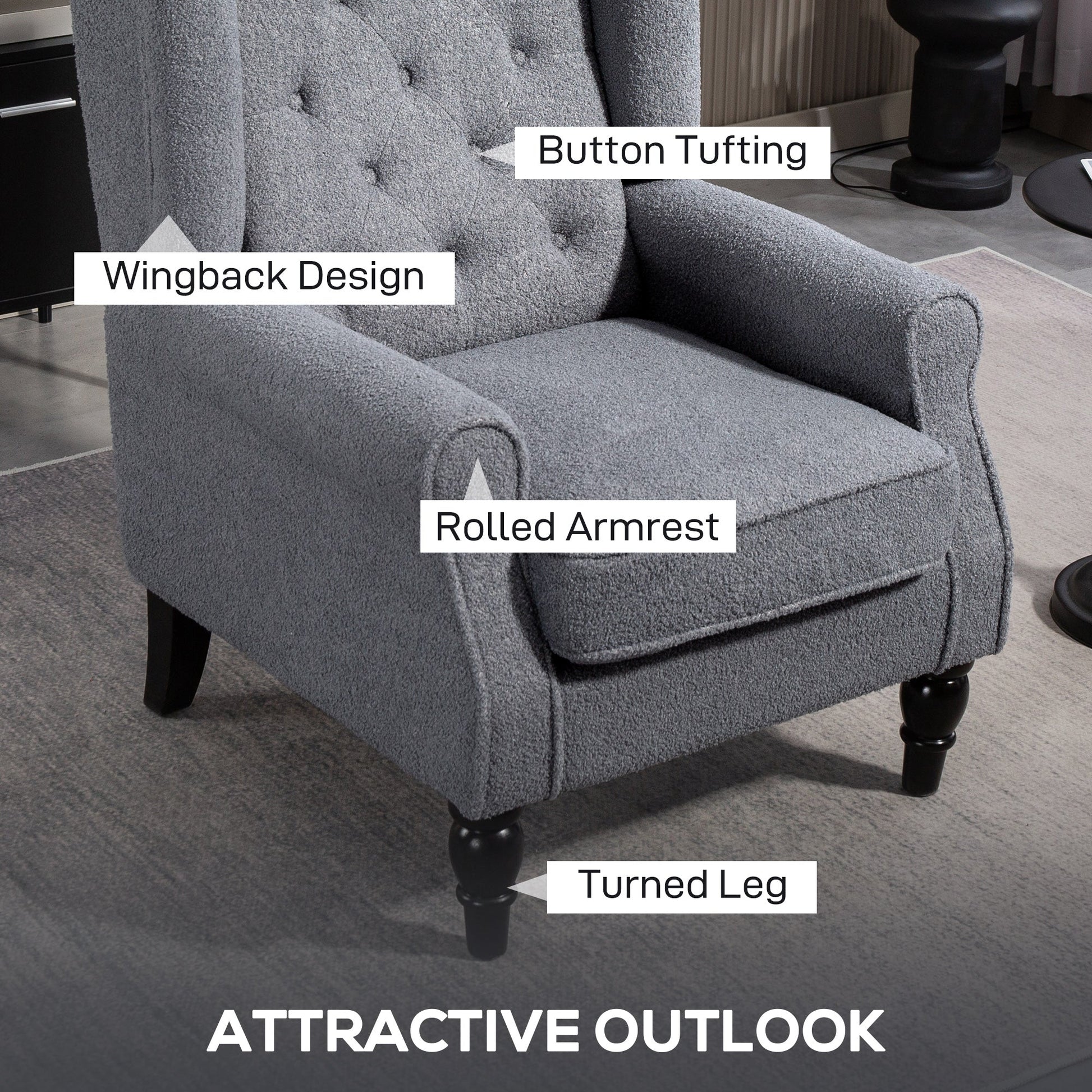 Retro Accent Chair, Teddy Fleece Wingback Armchair with Wood Frame Button Tufted Design for Living Room Bedroom, Grey