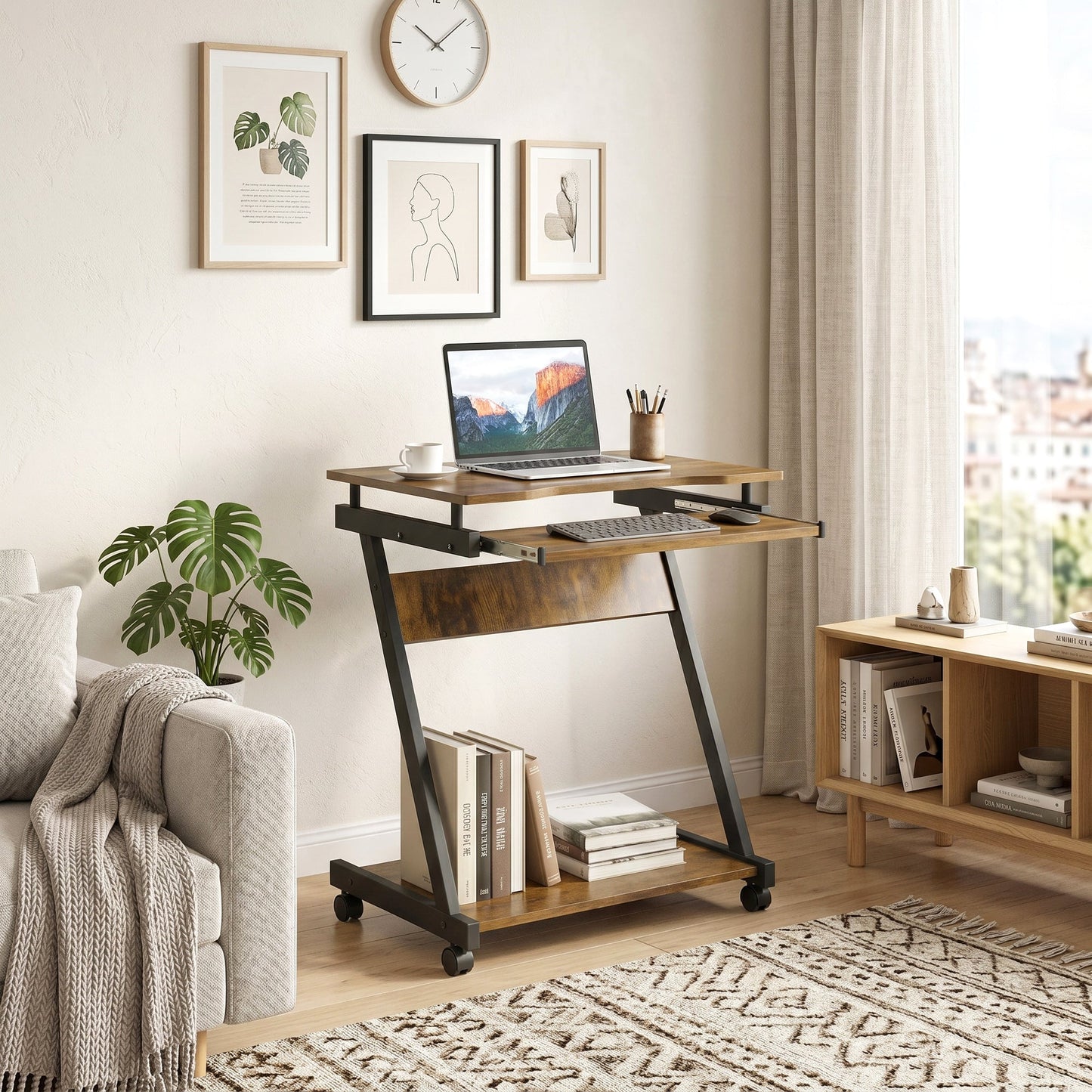 Movable Computer Desk with 4 Moving Wheels Sliding Keyboard Tray Home Office Workstation Rustic Brown