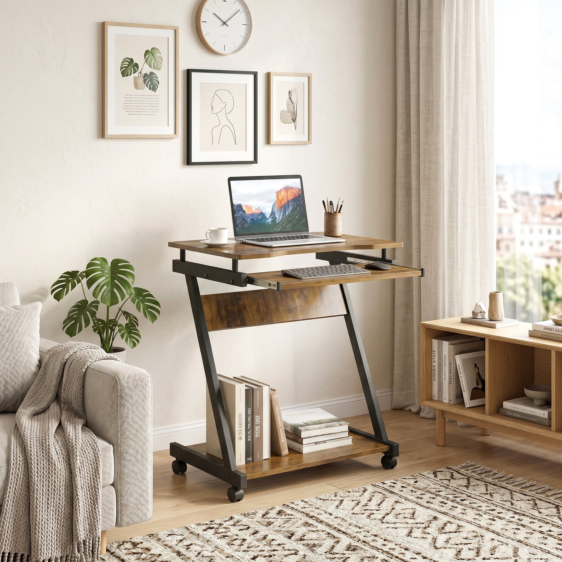 Movable Computer Desk with 4 Moving Wheels Sliding Keyboard Tray Home Office Workstation Rustic Brown
