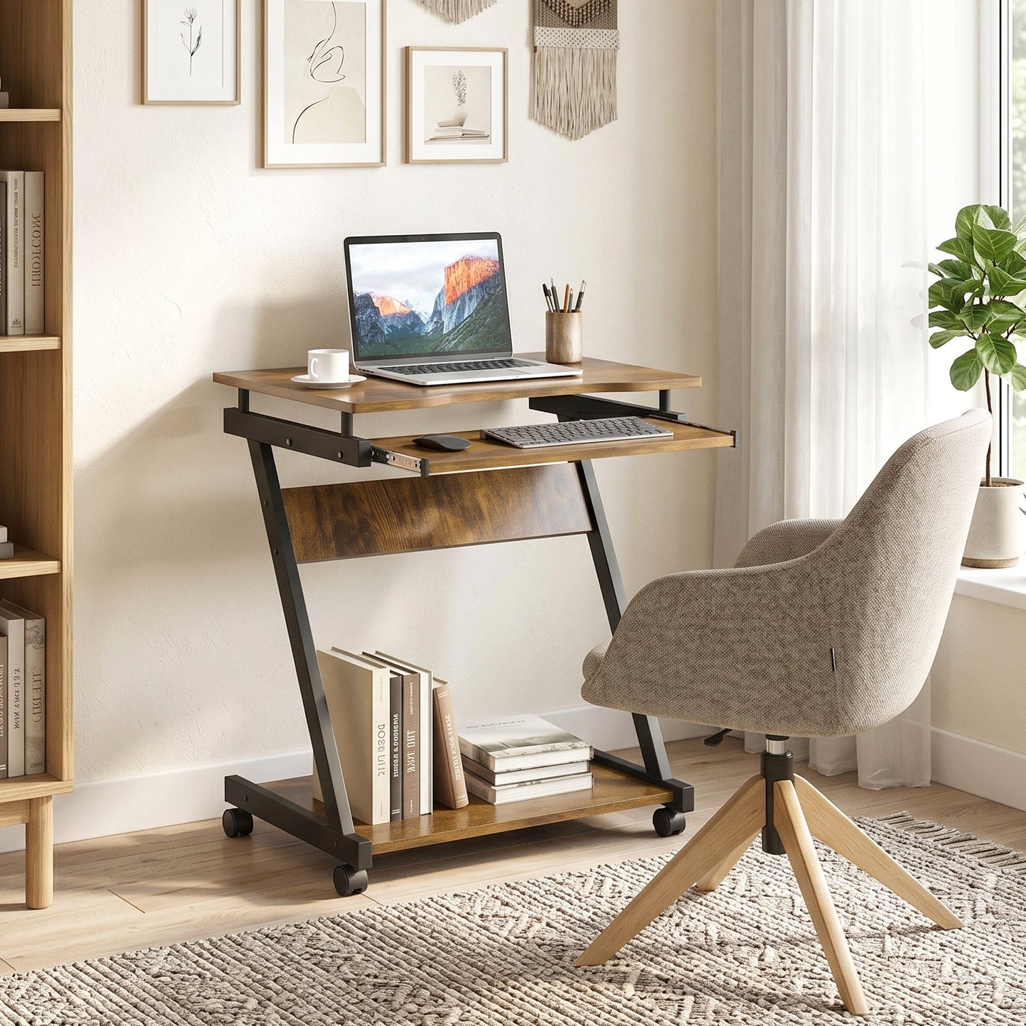 Movable Computer Desk with 4 Moving Wheels Sliding Keyboard Tray Home Office Workstation Rustic Brown