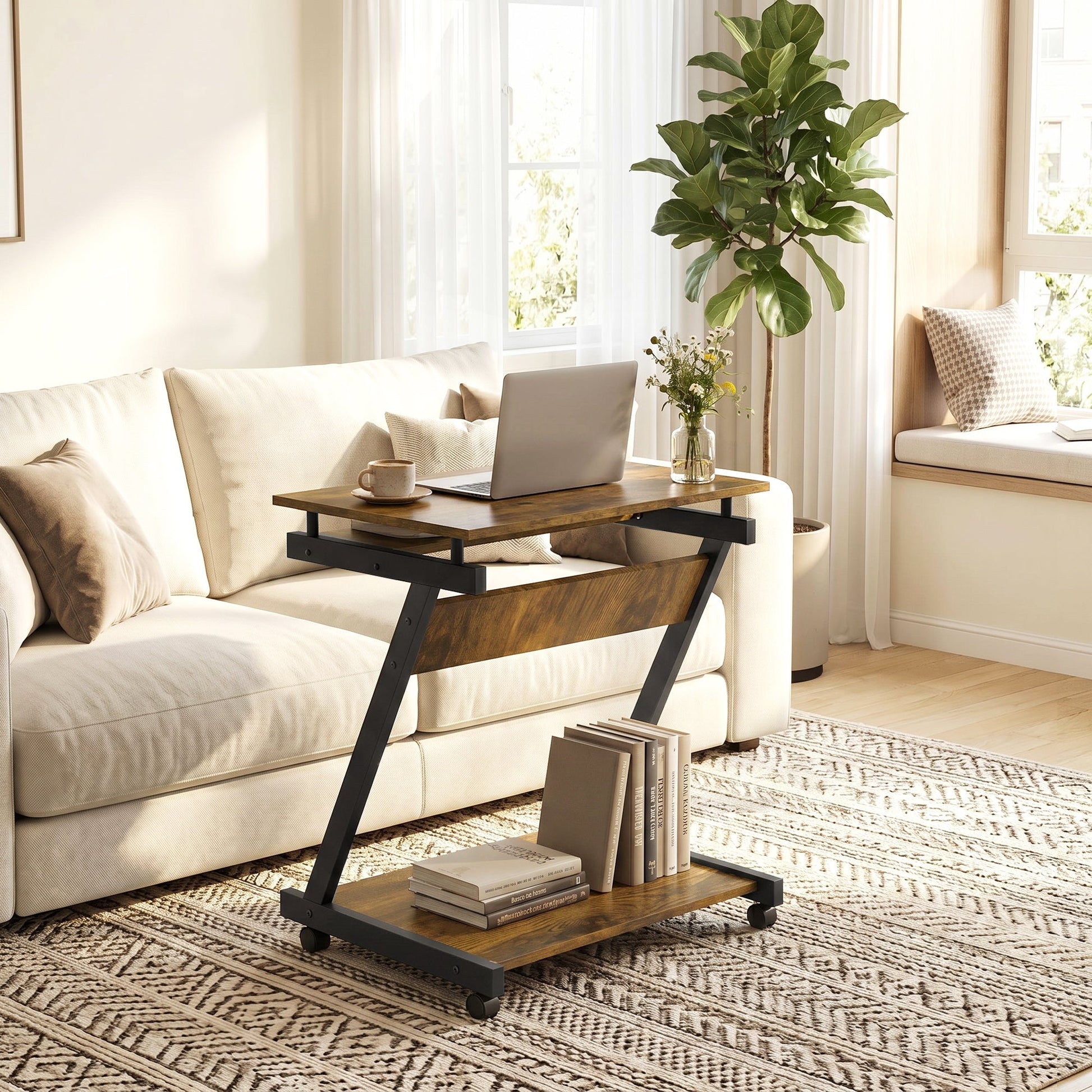 Movable Computer Desk with 4 Moving Wheels Sliding Keyboard Tray Home Office Workstation Rustic Brown