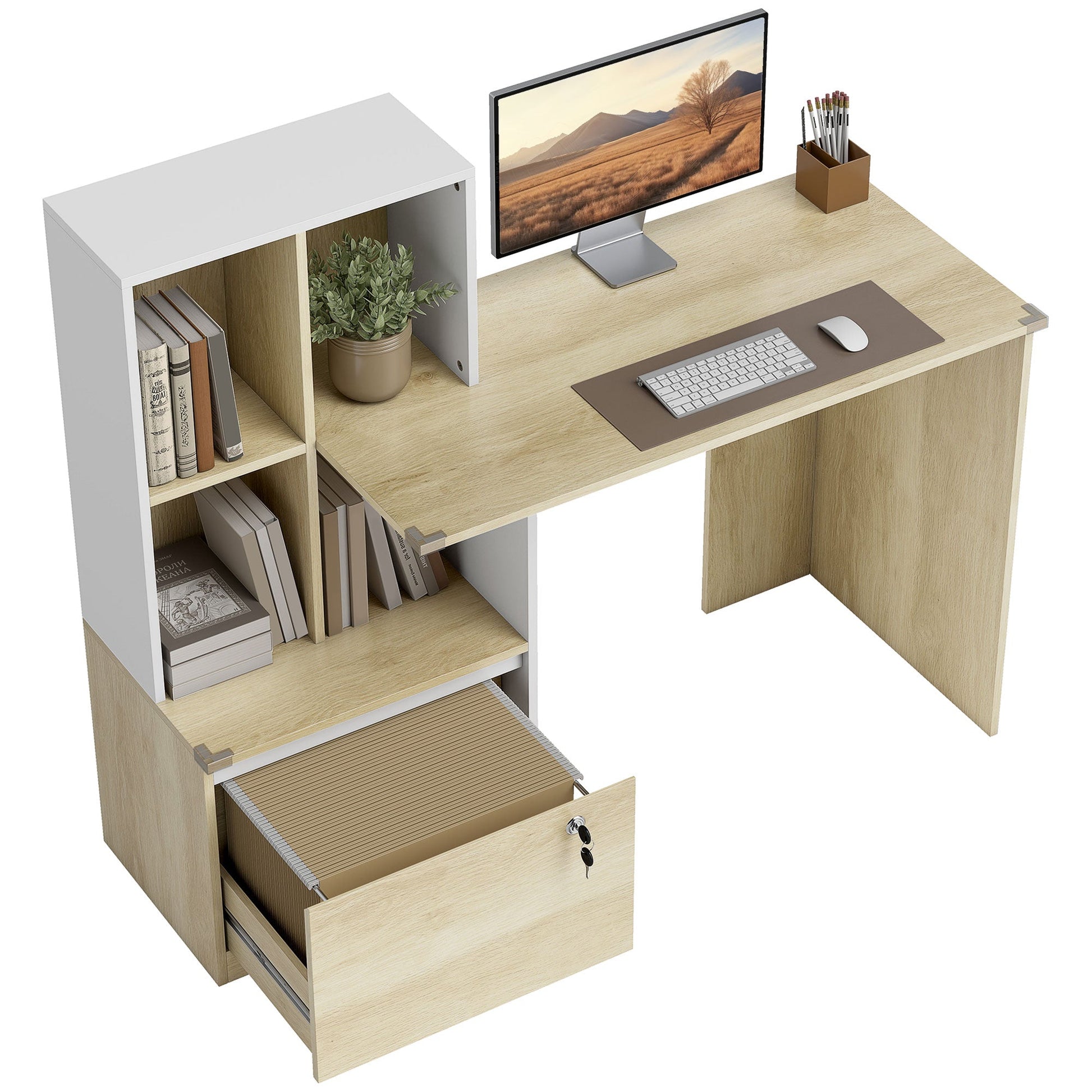 126 cm Computer Desk, Home Office Desk with Bookshelf and Lockable Drawer, Adjustable Hanging Rails for A4 and Letter Size Files, Small Writing Table for Bedroom, Study Room, Oak Wood Effect